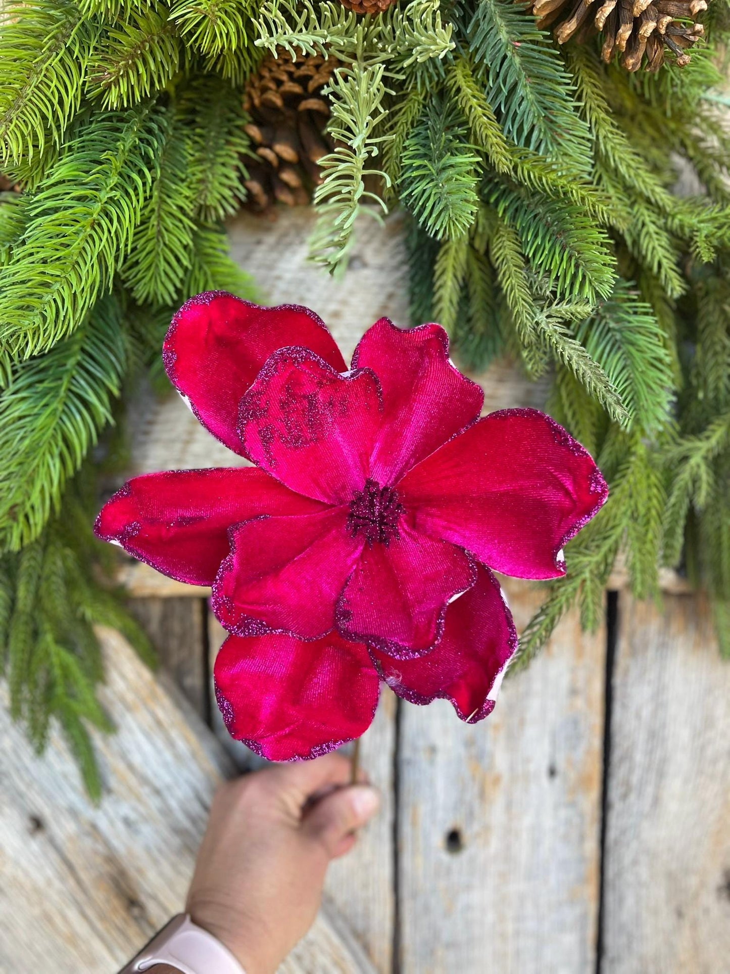 14" Hot Pink Velvet Magnolia, Christmas Magnolia