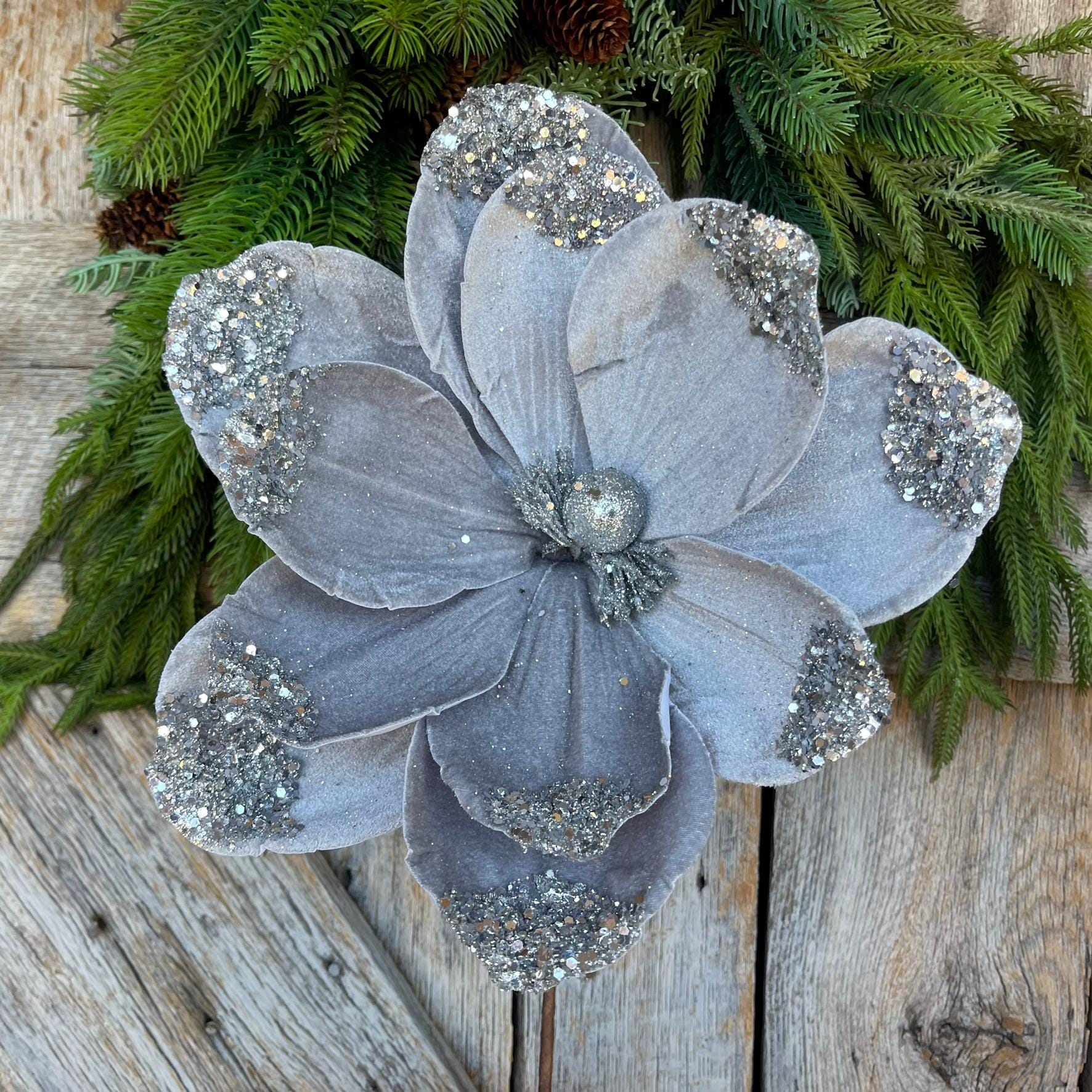 21" Silver GrayVelvet Magnolia, Christmas Magnolia