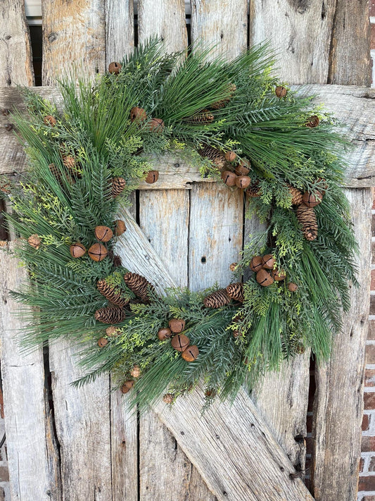 24" Pine Rustic Jingle Bell Wreath, Pine Wreath, Artificial Pine Wreath, Christmas Wreath, Artificial Wreath