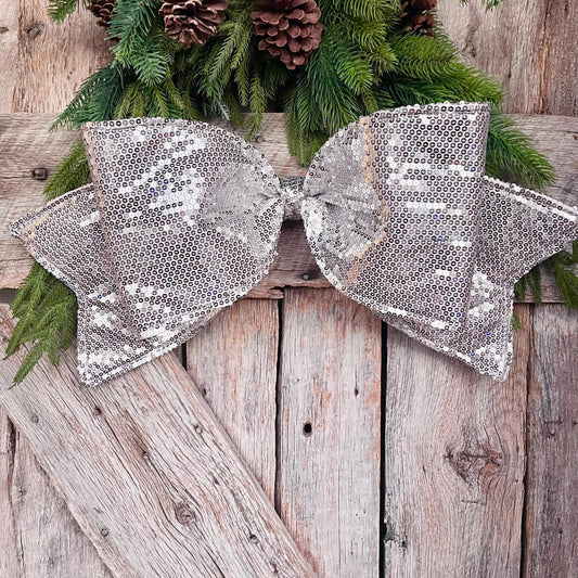 24" Silver Sequin Bow, Farrisilk Bow, Tree Bow, Christmas Wreath Bow, Big Silver Bow, Big Bow, Tree Topper Bow, Silver Decor, CX082-53