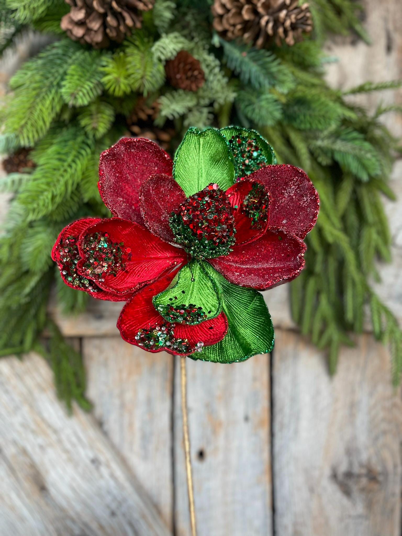 24" Red Green Jeweled Magnolia Pick, Red Christmas Magnolia