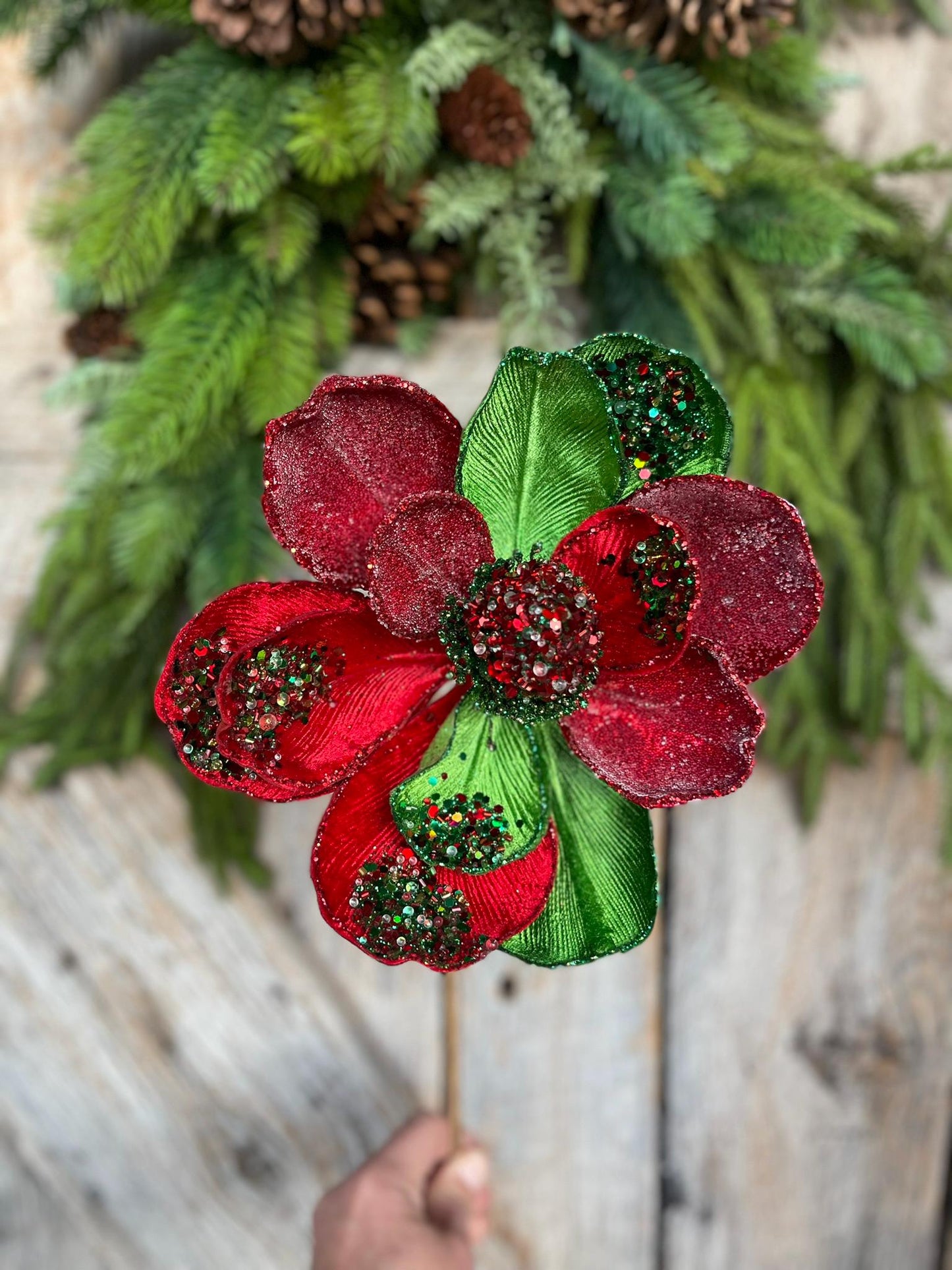 24" Red Green Jeweled Magnolia Pick, Red Christmas Magnolia