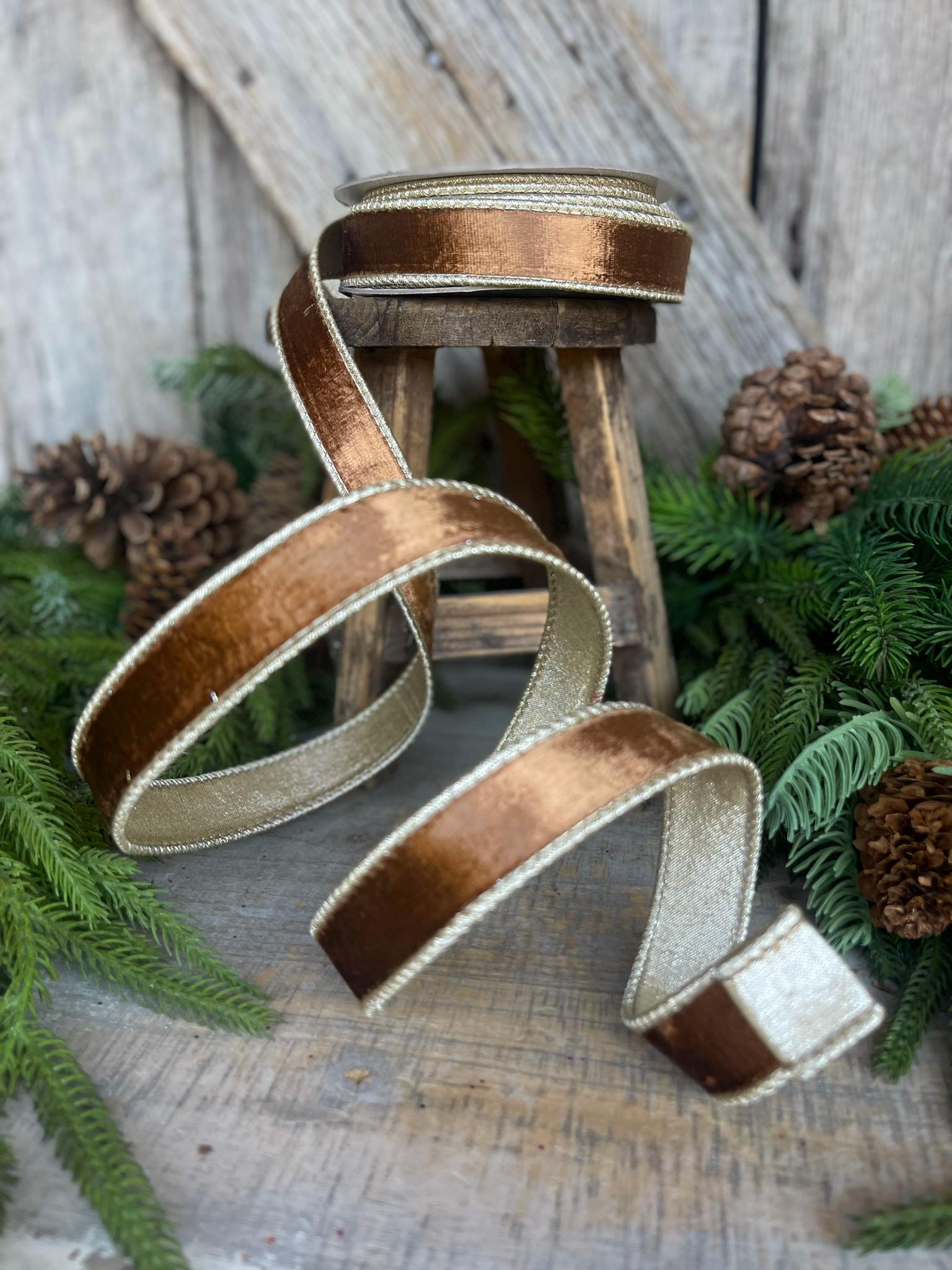 1” Pecan Brown Satin Velvet Ribbon, Farrisilk ribbon