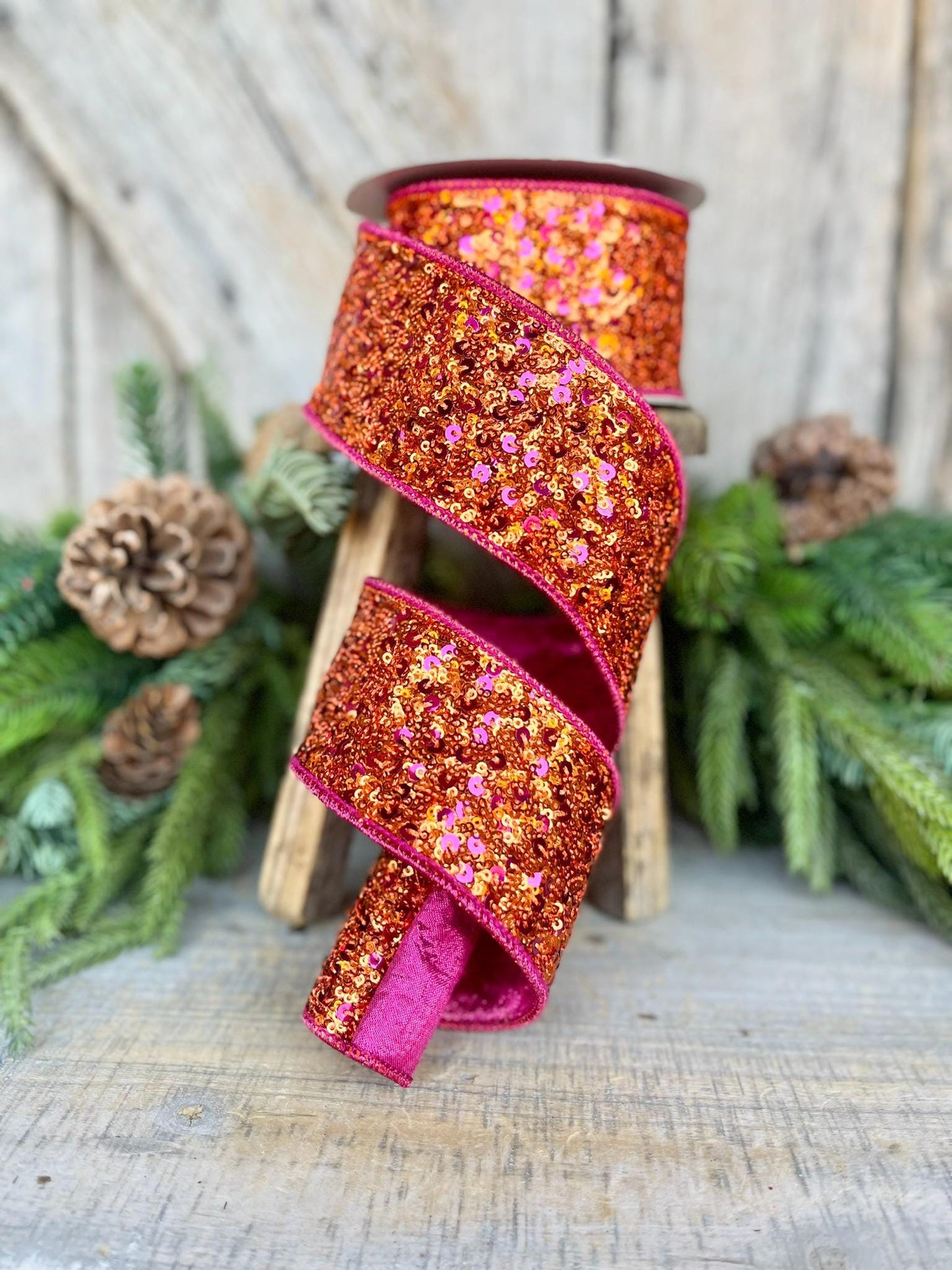 2.5" Pink Orange Sequin Ribbon, Farrisilk Ribbon