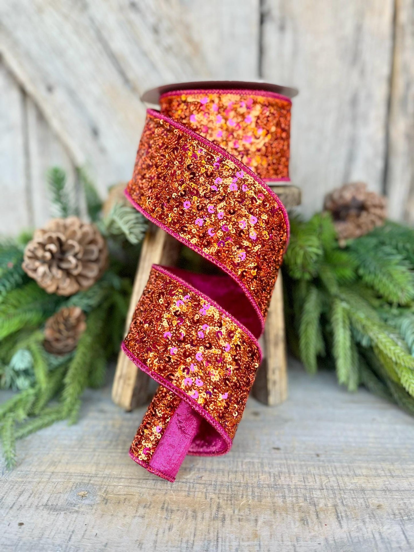 2.5" Pink Orange Sequin Ribbon, Farrisilk Ribbon