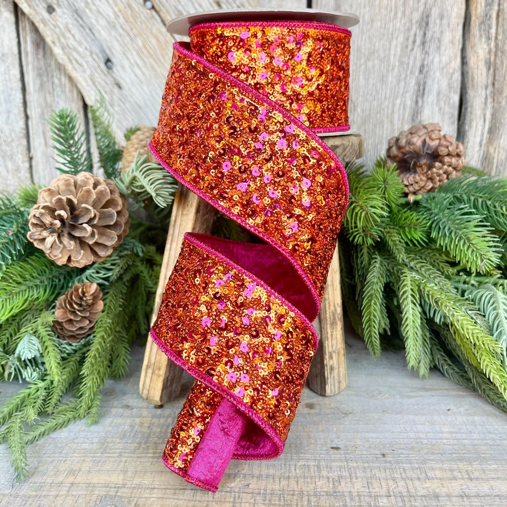 2.5" Pink Orange Sequin Ribbon, Farrisilk Ribbon