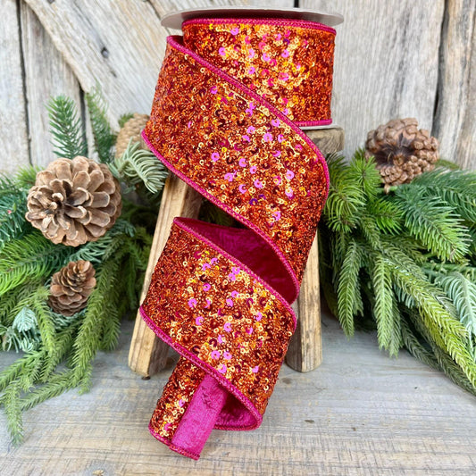 2.5" Pink Orange Sequin Ribbon, Farrisilk Ribbon