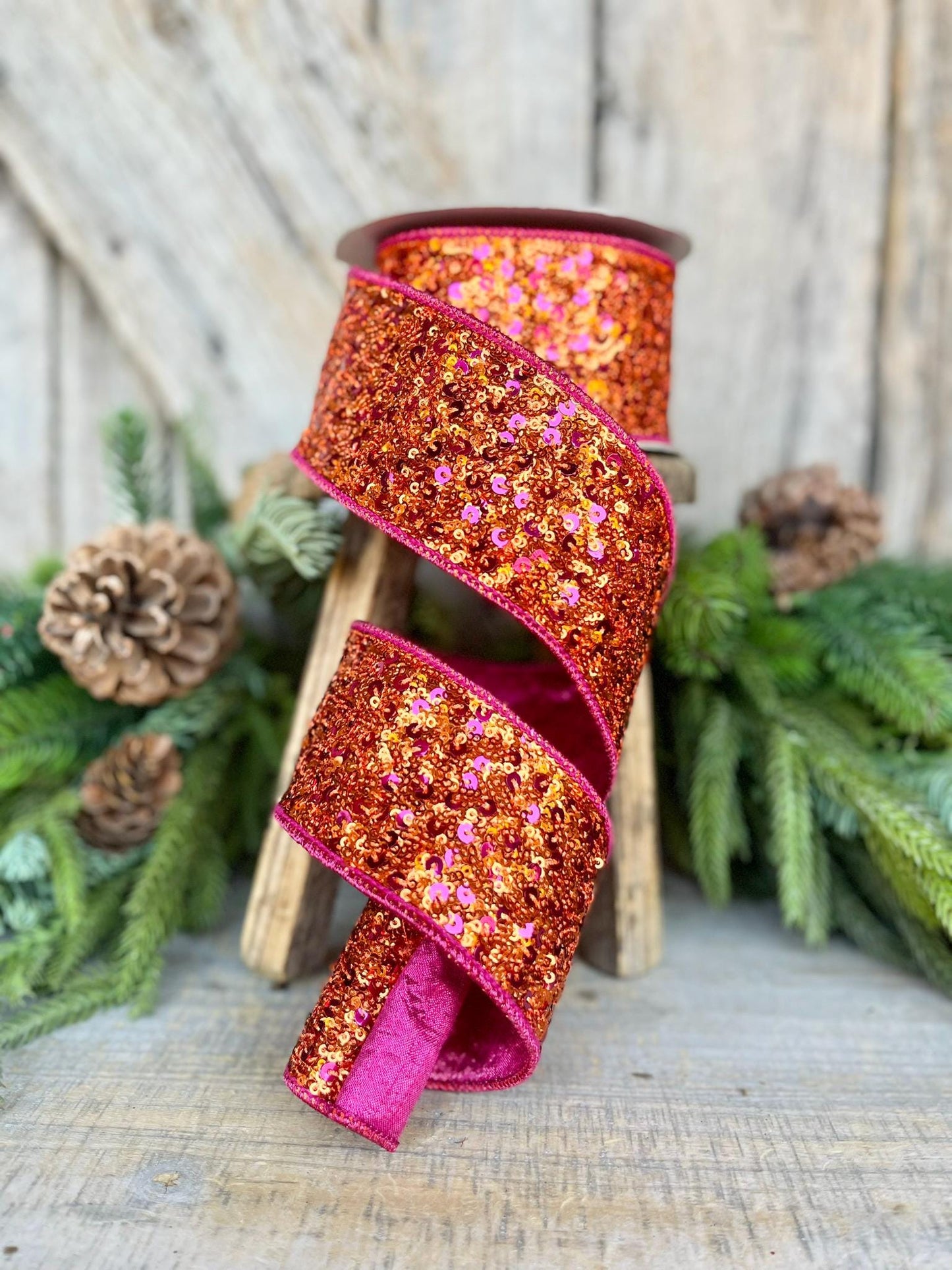 2.5" Pink Orange Sequin Ribbon, Farrisilk Ribbon