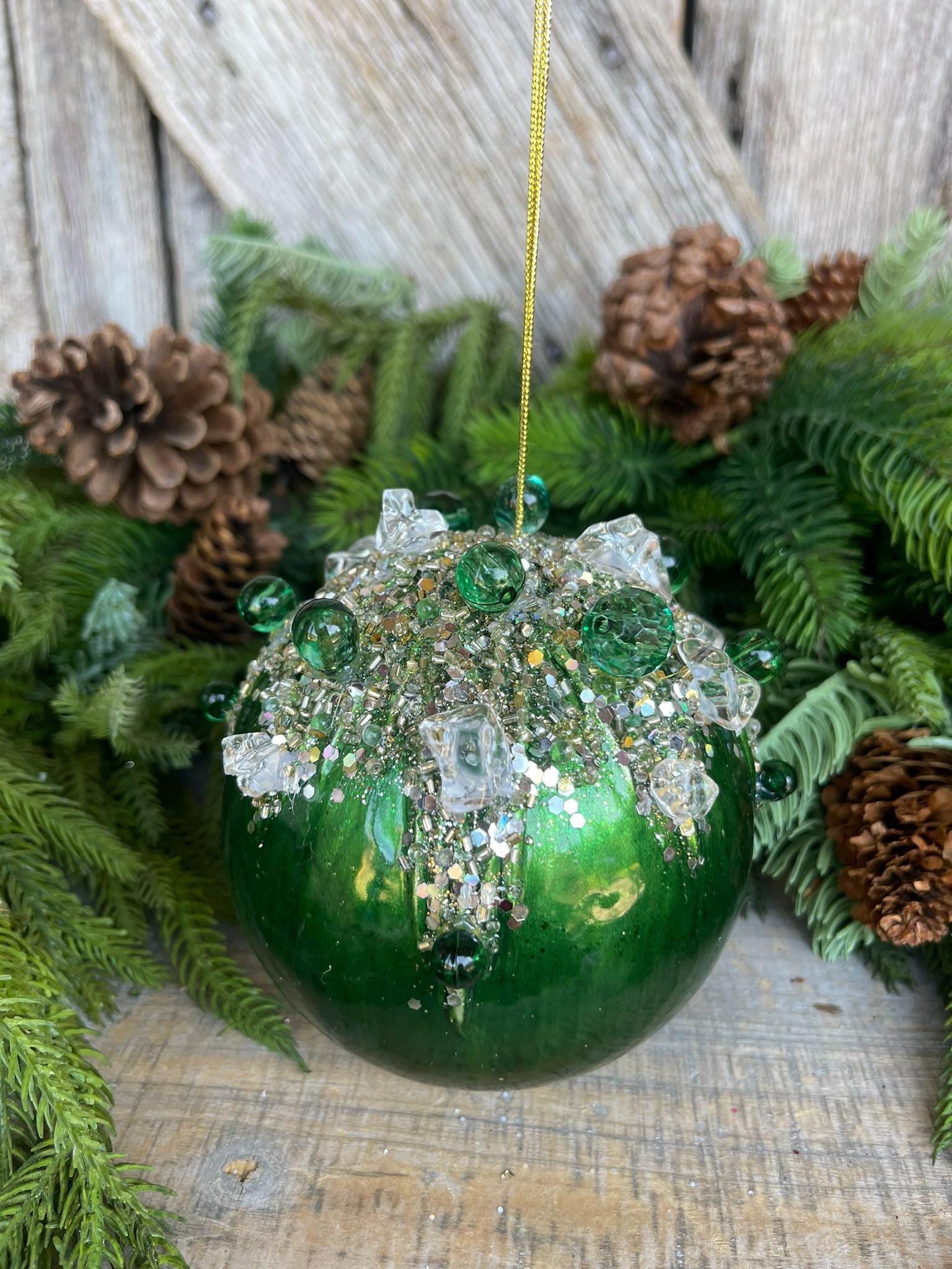 5" Emerald Green Bejeweled Ornament, Green Ornament