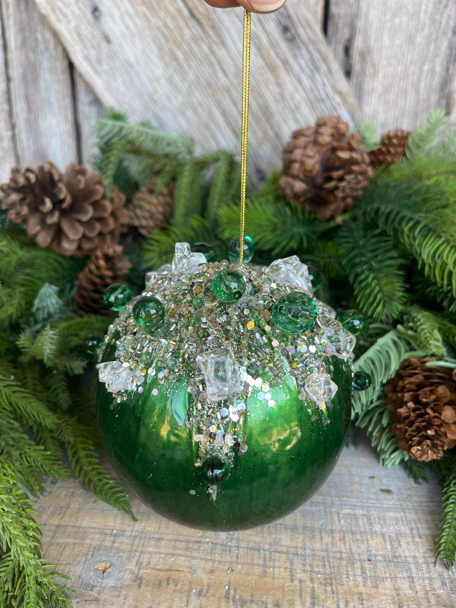 5" Emerald Green Bejeweled Ornament, Green Ornament