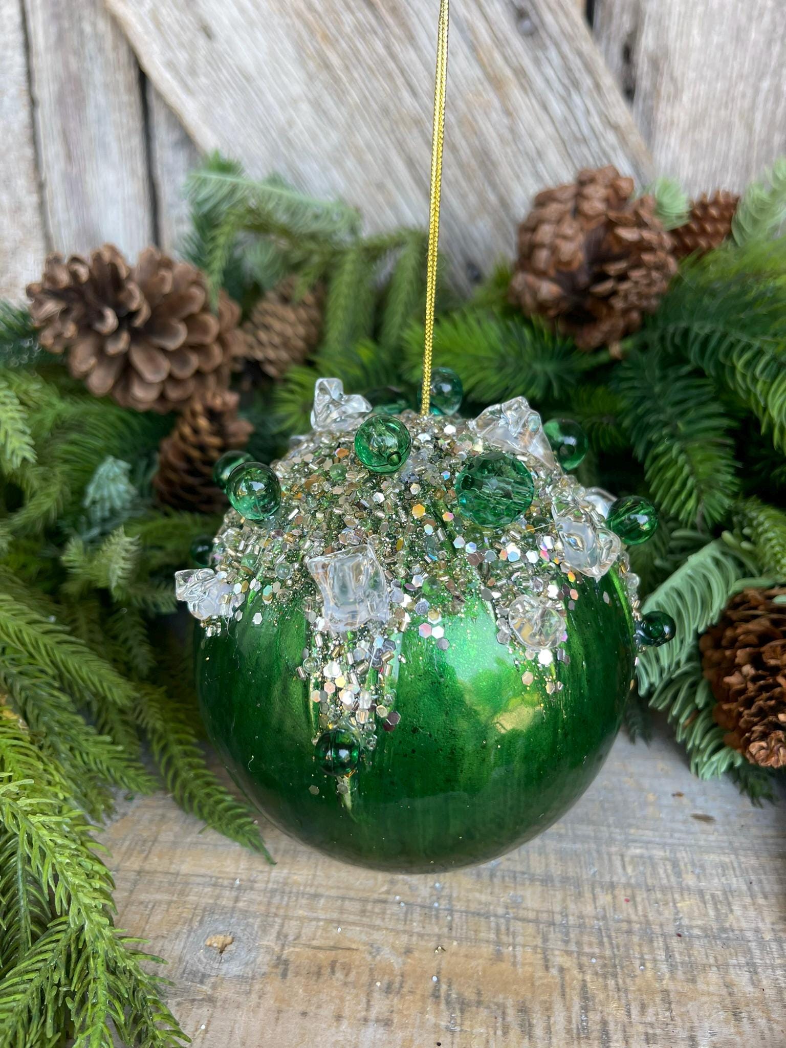 5" Emerald Green Bejeweled Ornament, Green Ornament