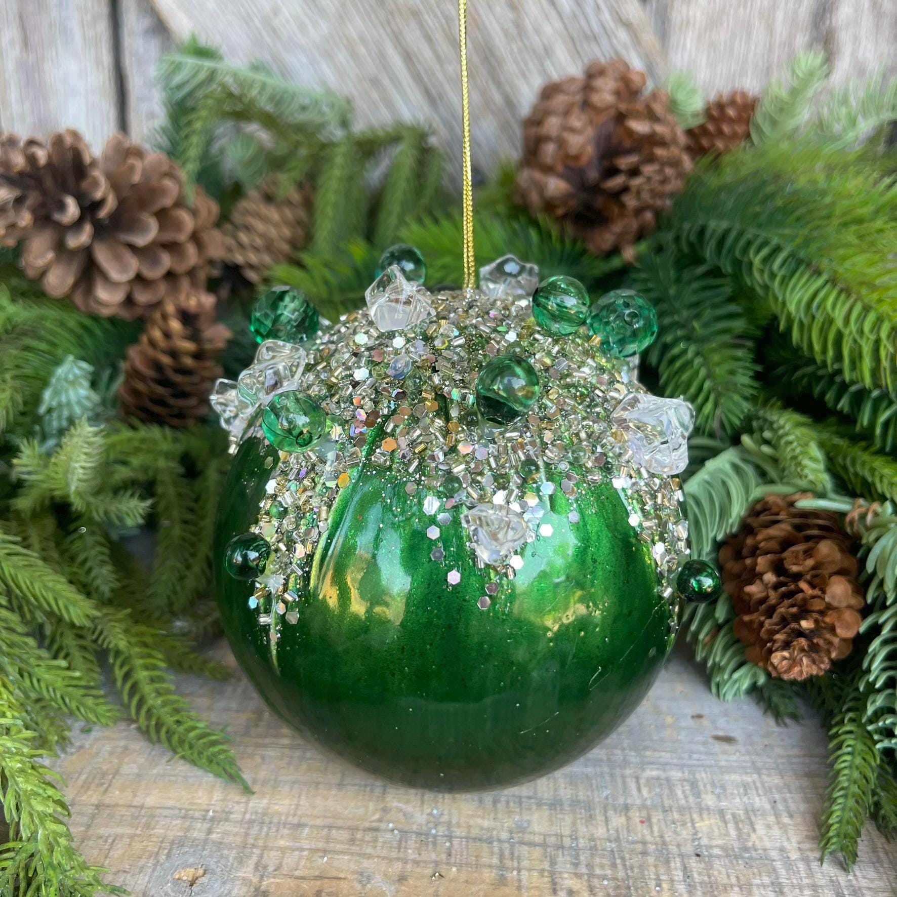 5" Emerald Green Bejeweled Ornament, Green Ornament