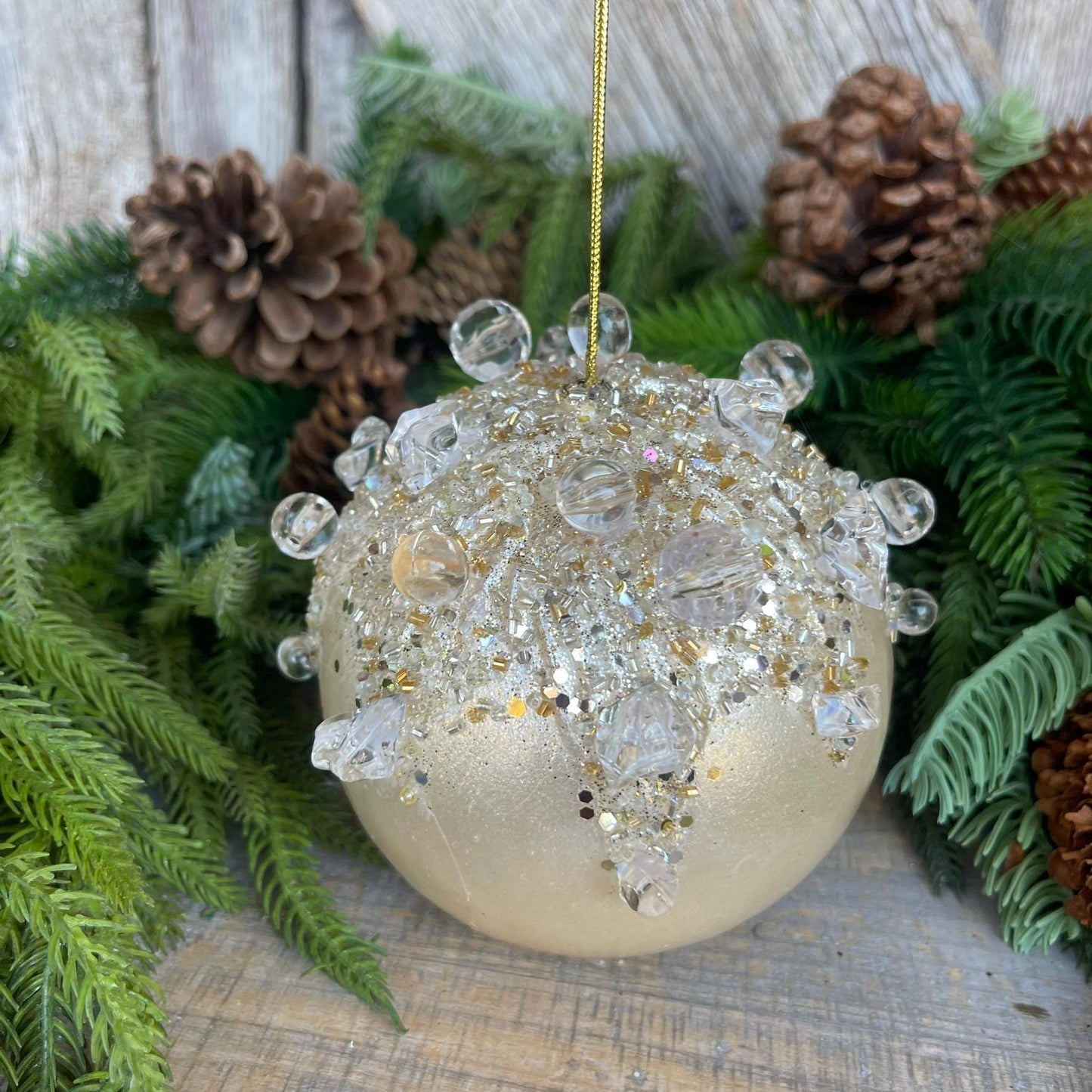 5" Ivory Pearl Bejeweled Ornament, Ivory Ornament