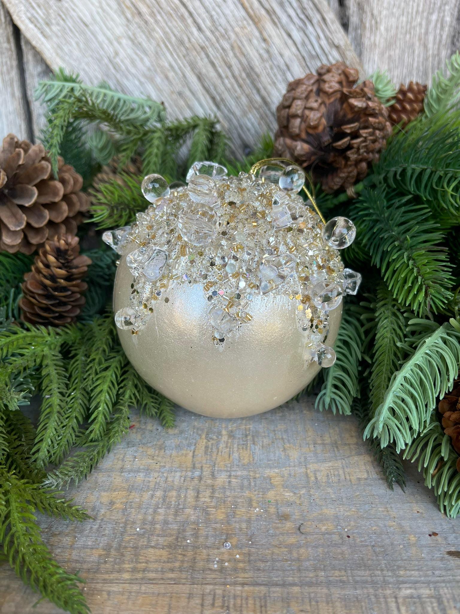 5" Ivory Pearl Bejeweled Ornament, Ivory Ornament