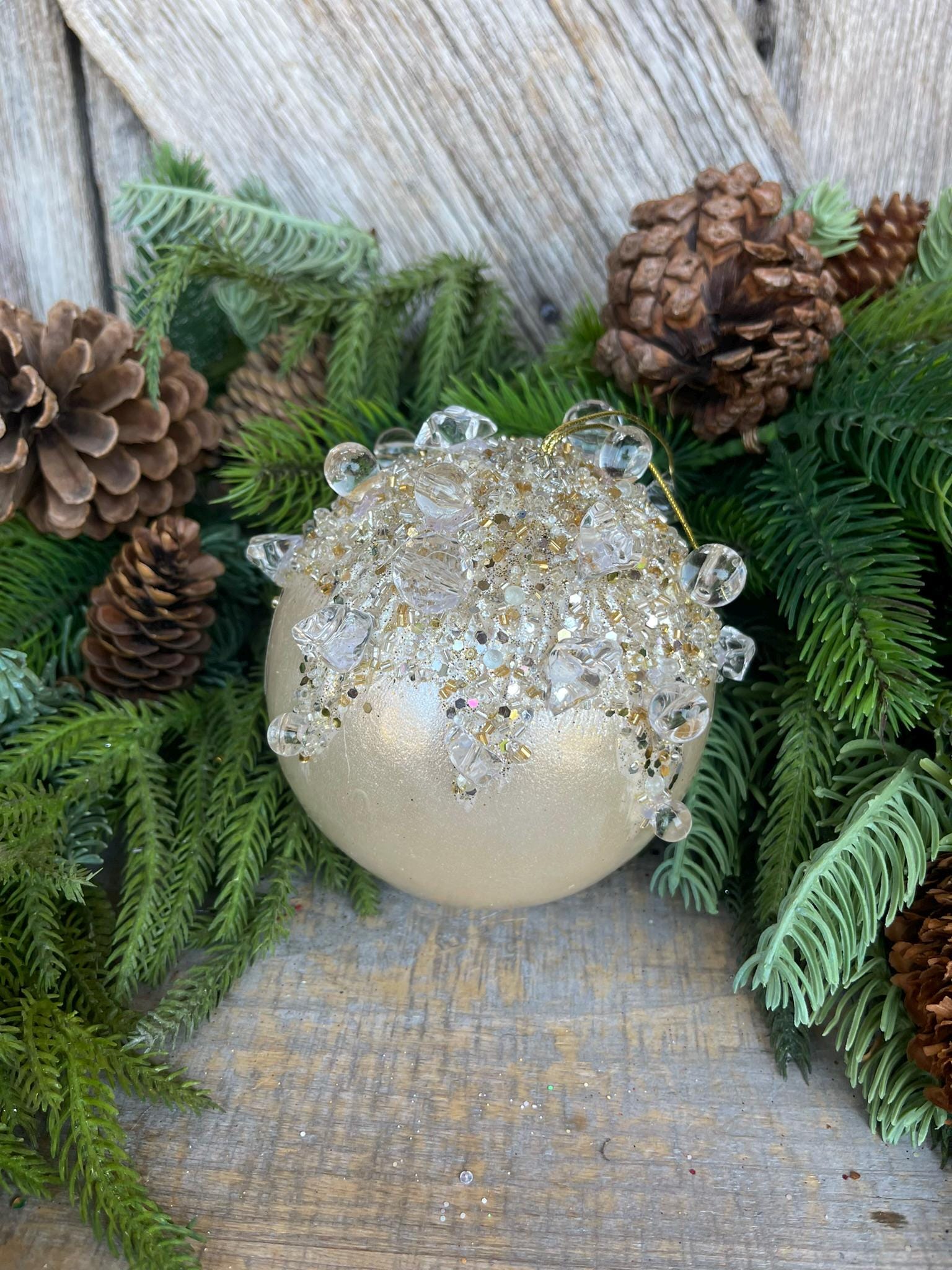 5" Ivory Pearl Bejeweled Ornament, Ivory Ornament