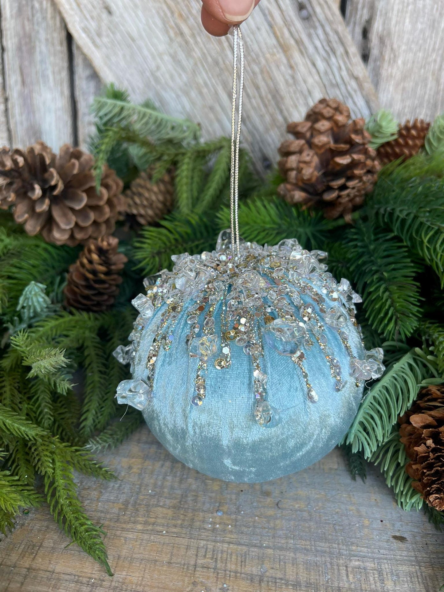 5" Light Blue Velvet Ornament, Blue Ornament, Jeweled Velvet Ornament, Christmas Tree Ornament, Blue Elegant Ornament, Farrisilk, FW362-14