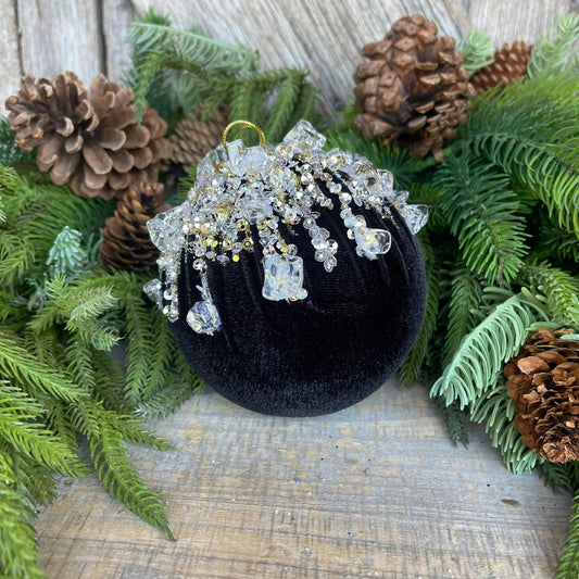 5" Black Velvet Ornament, Black Ornament, Jeweled Velvet Ornament, Christmas Tree Ornament, Black Elegant Ornament, Farrisilk, FW362-92