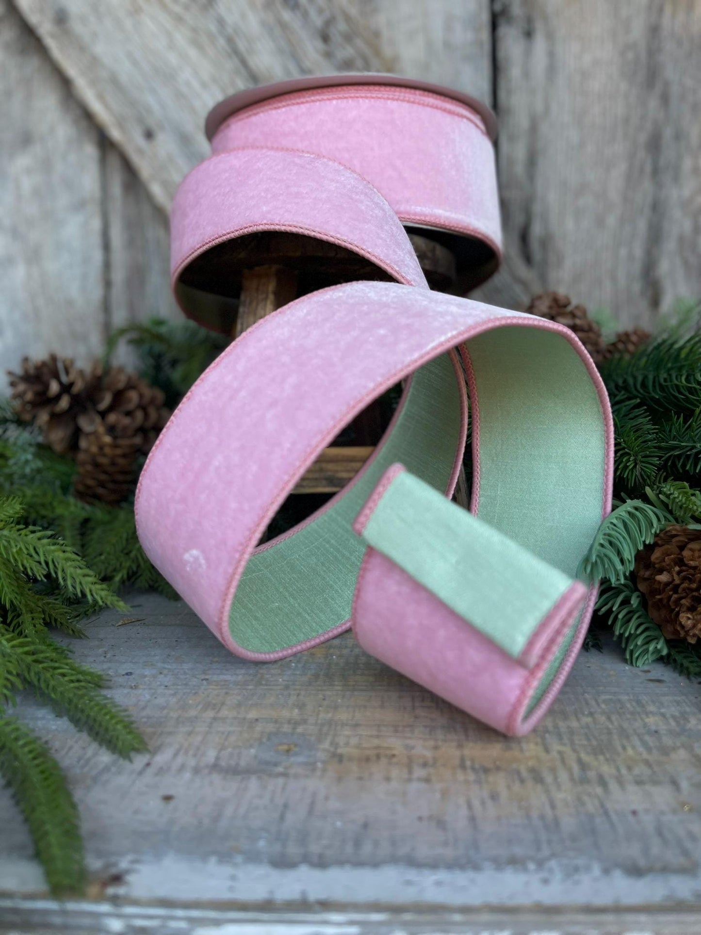 2.5" Pink Mint Green Velvet, Farrisilk Ribbon