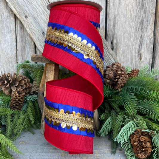 4" Red Blue Nutcracker Frills, Farrisilk RIbbon, Wired RIbbon, Christmas Ribbon, Red Blue Ribbon, Designer Ribbon, RK731-02