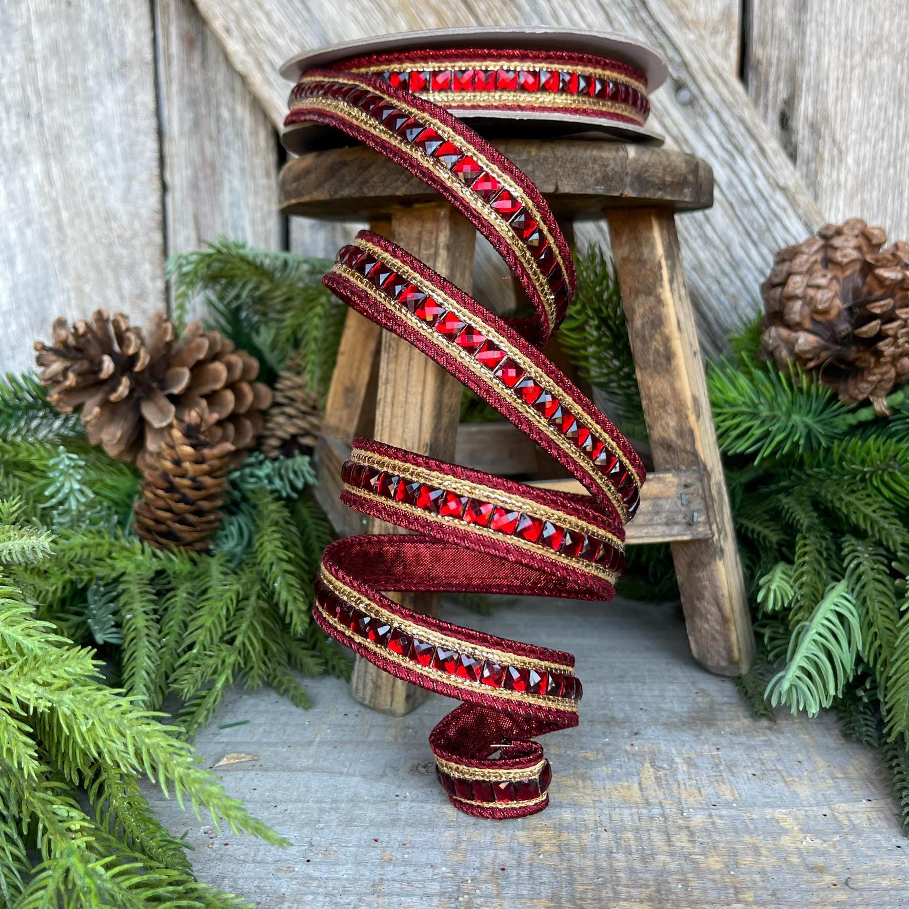 3/4" Burgundy Jeweled Ribbon, Farrisilk Ribbon