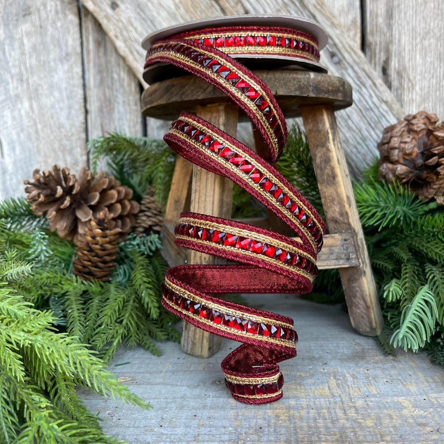 3/4" Burgundy Jeweled Ribbon, Farrisilk Ribbon