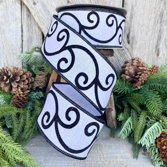 2.5" Black and White Swirl Ribbon, Farrisilk Ribbon, Curly Swirly Ribbon, Christmas Ribbon, Flocked Ribbon, Designer Ribbon, RK678-92