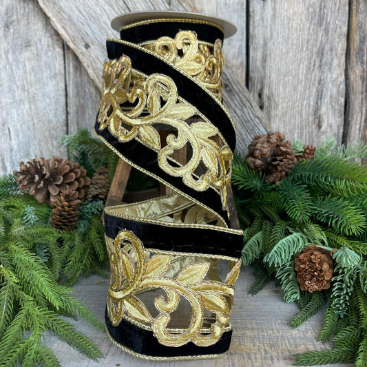 4" Black Gold Embroidered Lancet Ribbon, Farrisilk Ribbon, Christmas Tree Ribbon, Fancy Ribbon, Designer Ribbon, Christmas Ribbon, RK763-92