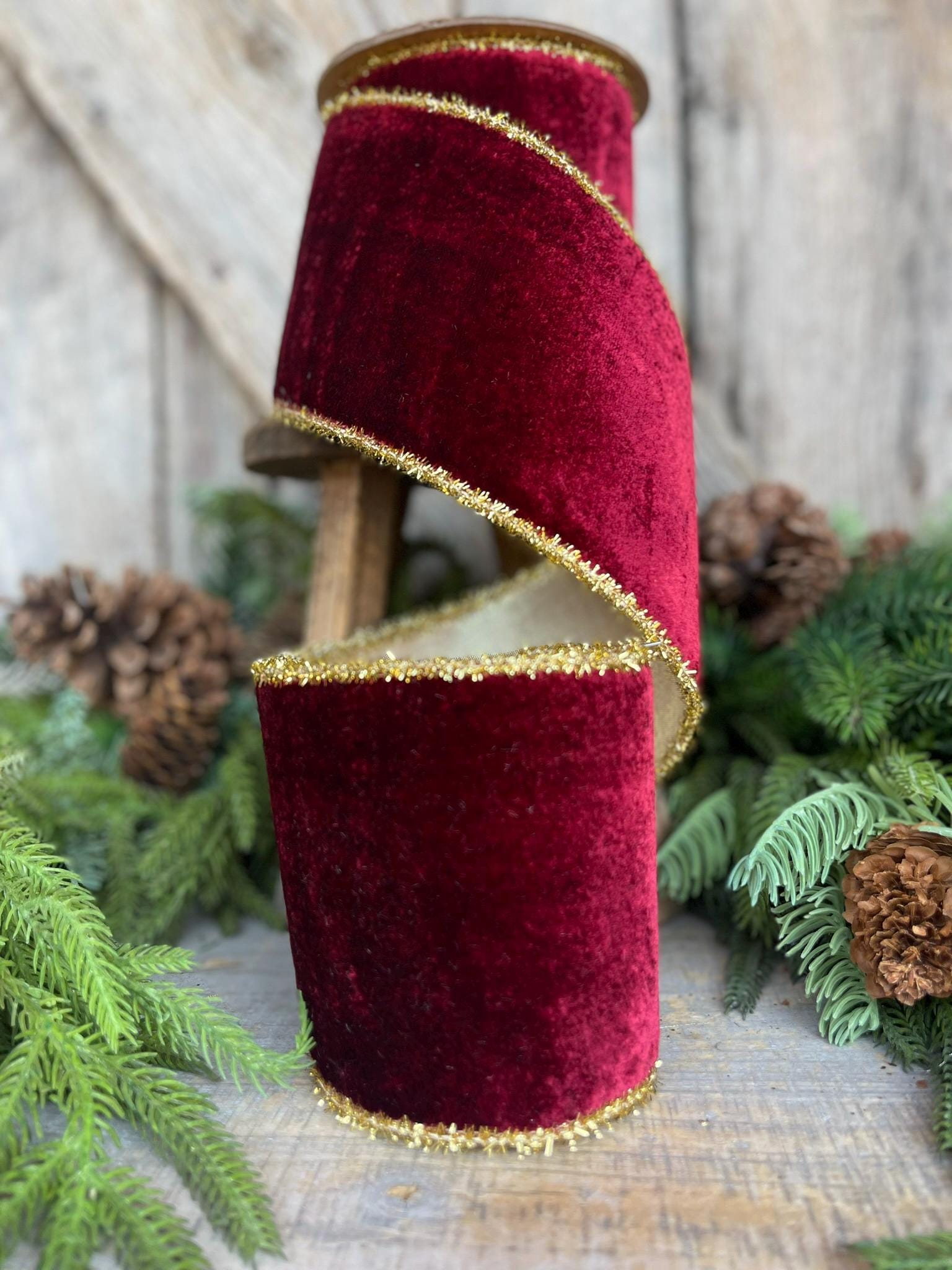 4" Burgundy Velvet Ribbon, Gold Tinsel Trim Ribbon, Christmas Tree Ribbon, Velvet Ribbon, Burgundy Christmas, Maroon Velvet