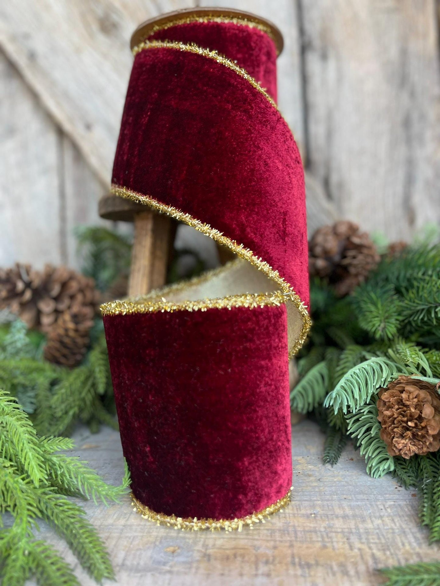 4" Burgundy Velvet Ribbon, Gold Tinsel Trim Ribbon, Christmas Tree Ribbon, Velvet Ribbon, Burgundy Christmas, Maroon Velvet