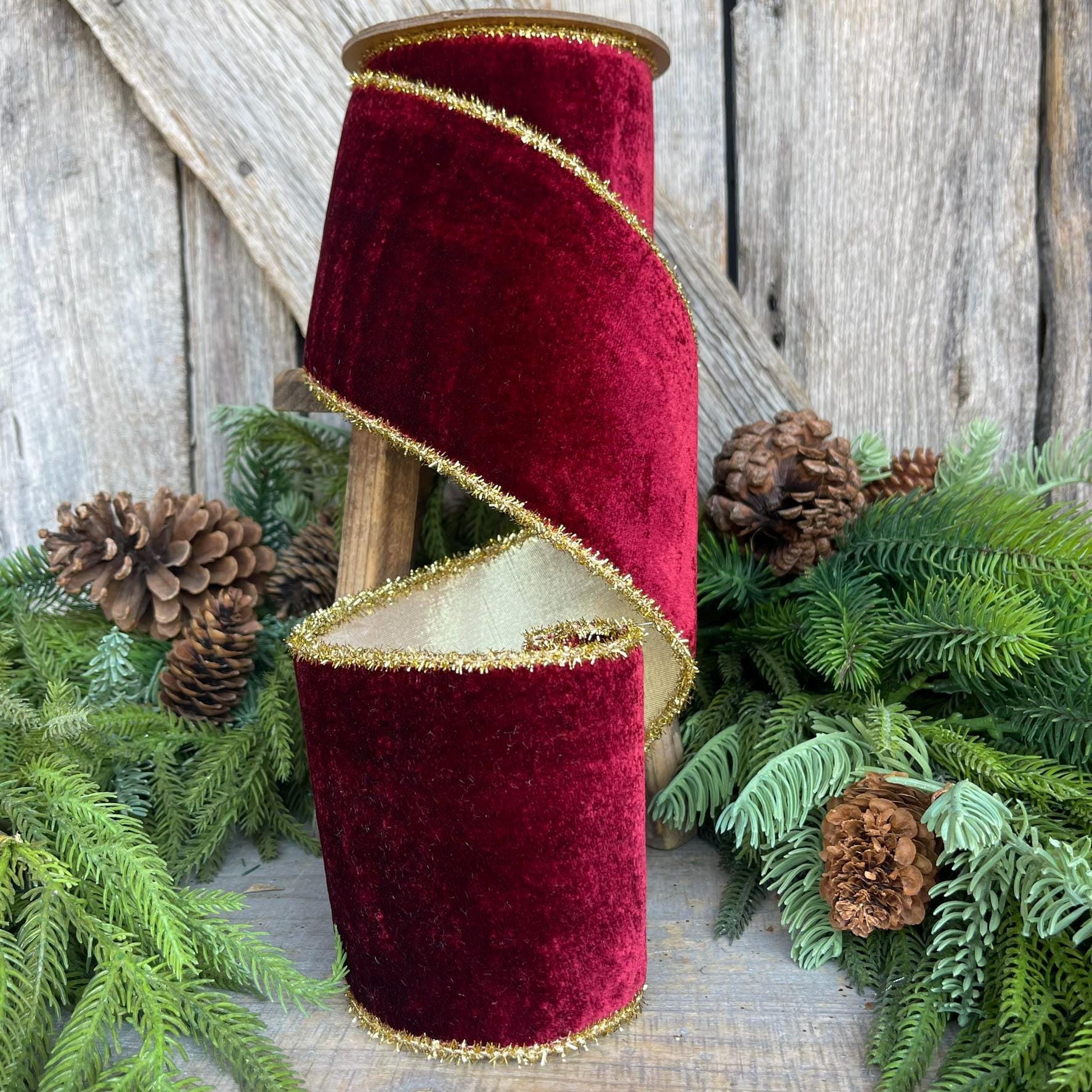 4" Burgundy Velvet Ribbon, Gold Tinsel Trim Ribbon, Christmas Tree Ribbon, Velvet Ribbon, Burgundy Christmas, Maroon Velvet