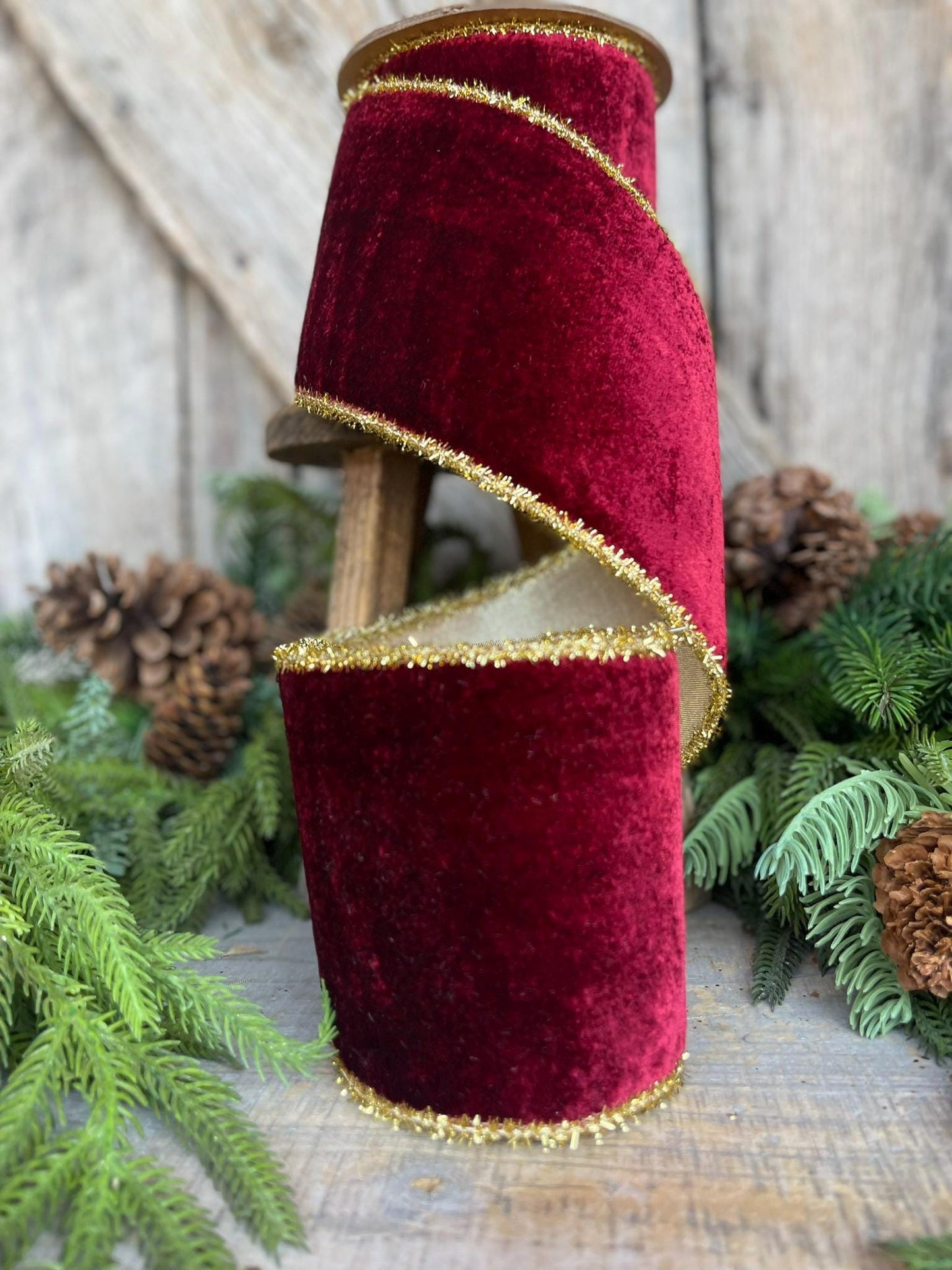 4" Burgundy Velvet Ribbon, Gold Tinsel Trim Ribbon, Christmas Tree Ribbon, Velvet Ribbon, Burgundy Christmas, Maroon Velvet