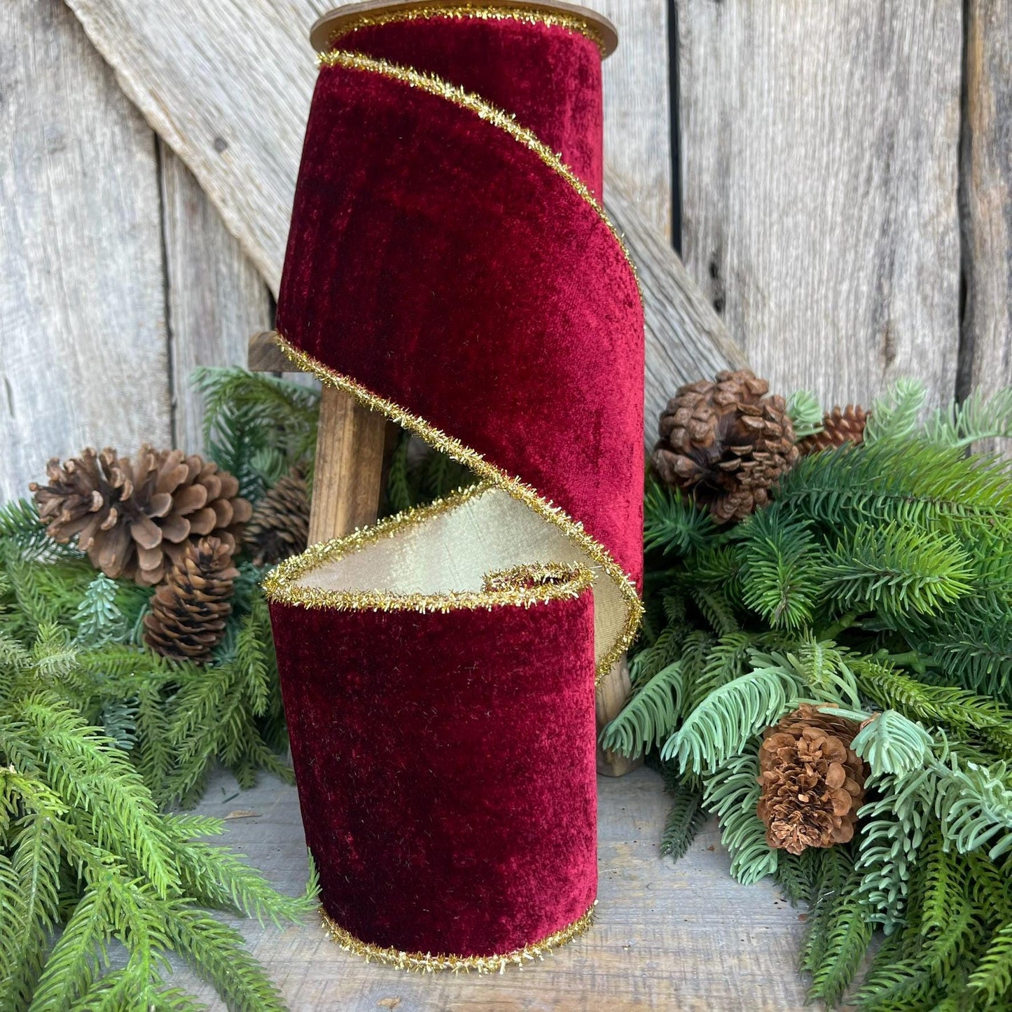 4" Burgundy Velvet Ribbon, Gold Tinsel Trim Ribbon, Christmas Tree Ribbon, Velvet Ribbon, Burgundy Christmas, Maroon Velvet