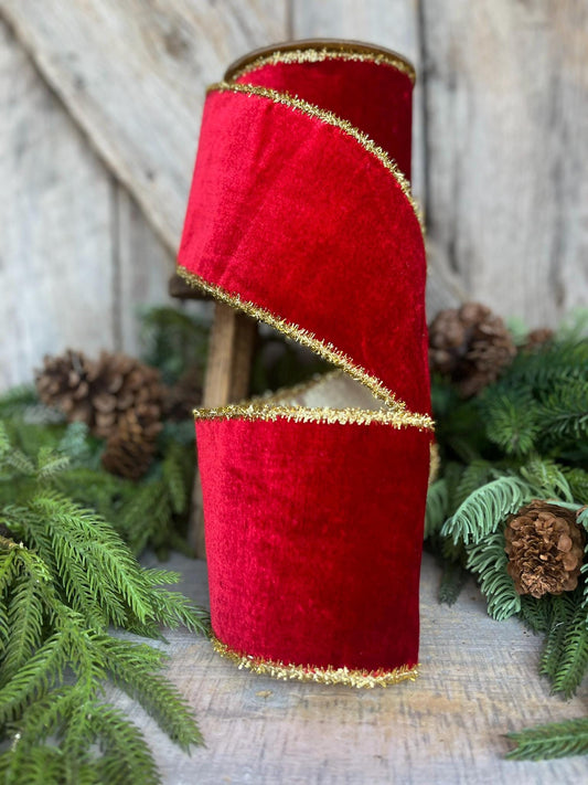 4" Red Velvet Ribbon, Gold Tinsel Trim Ribbon, Christmas Tree Ribbon, Velvet Ribbon, Red Christmas Tree Ribbon, Red Velvet