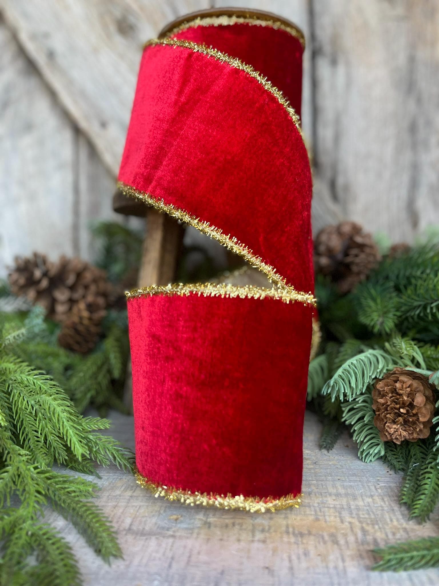 4" Red Velvet Ribbon, Gold Tinsel Trim Ribbon