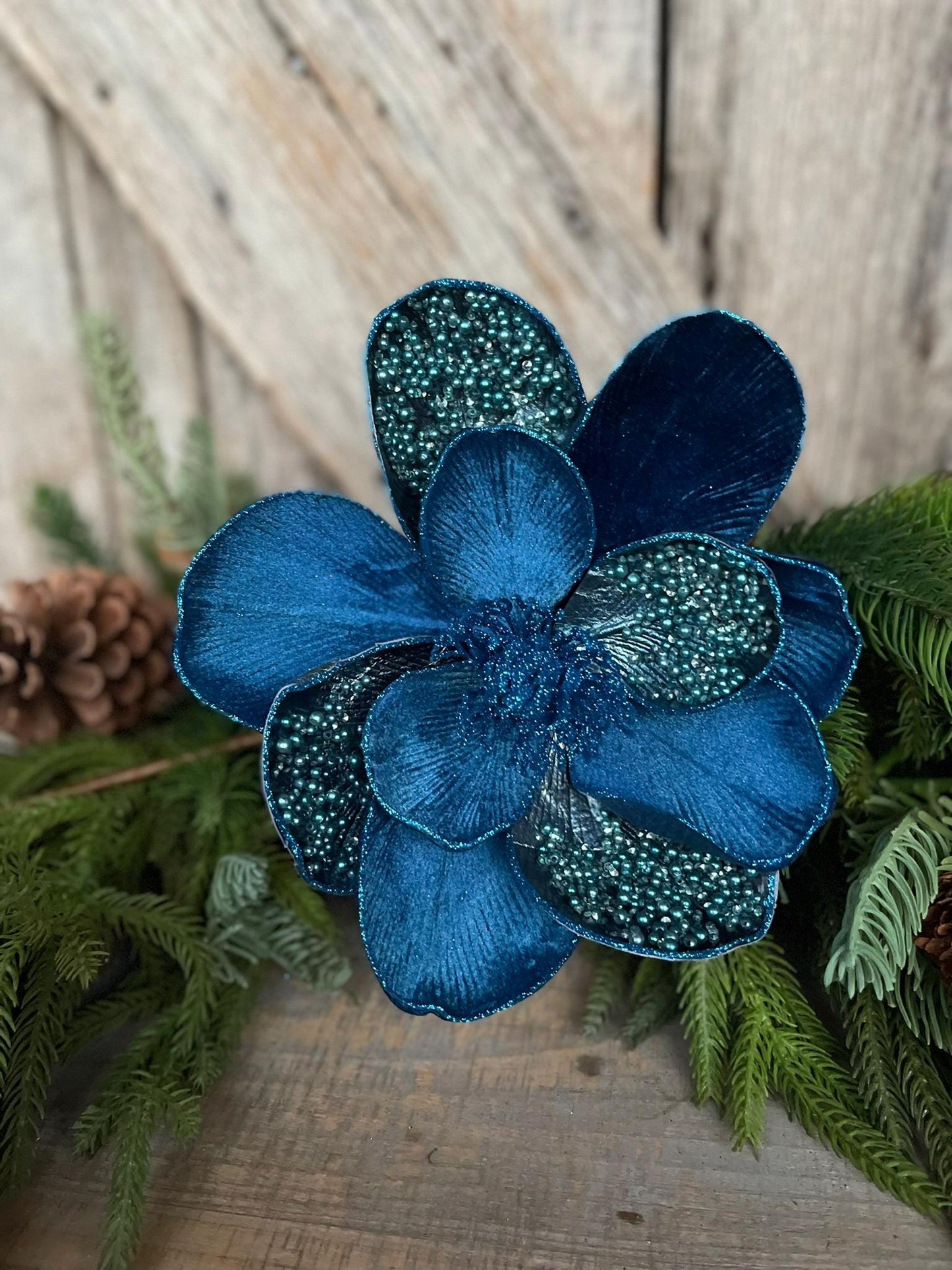 21" Blue Velvet Sequin Magnolia Stem, blue jeweled Christmas Spray