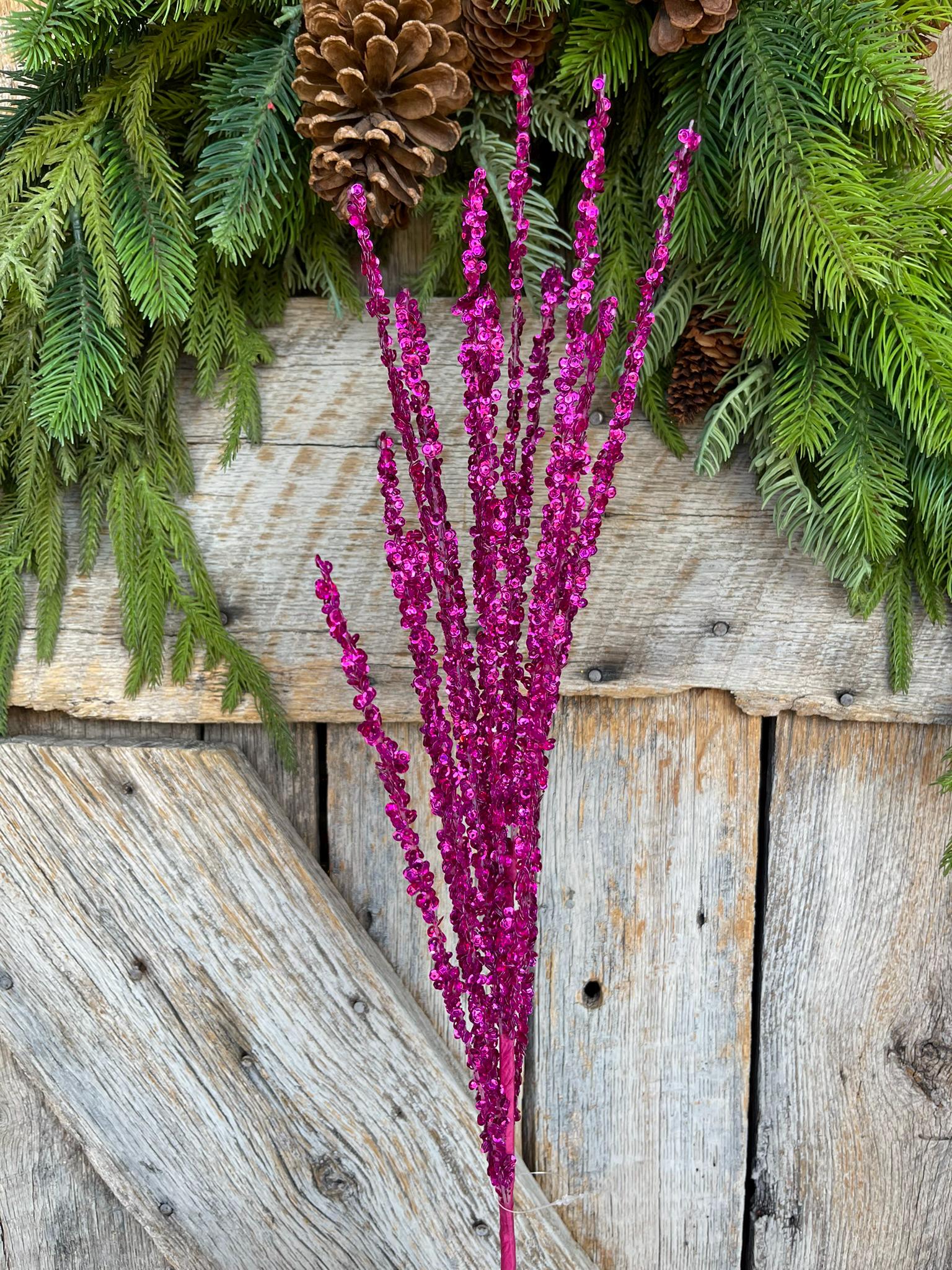 32" Hot Pink Sequin Twig Spray, Christmas Spray,Christmas Floral Stem,Christmas Tree Spray