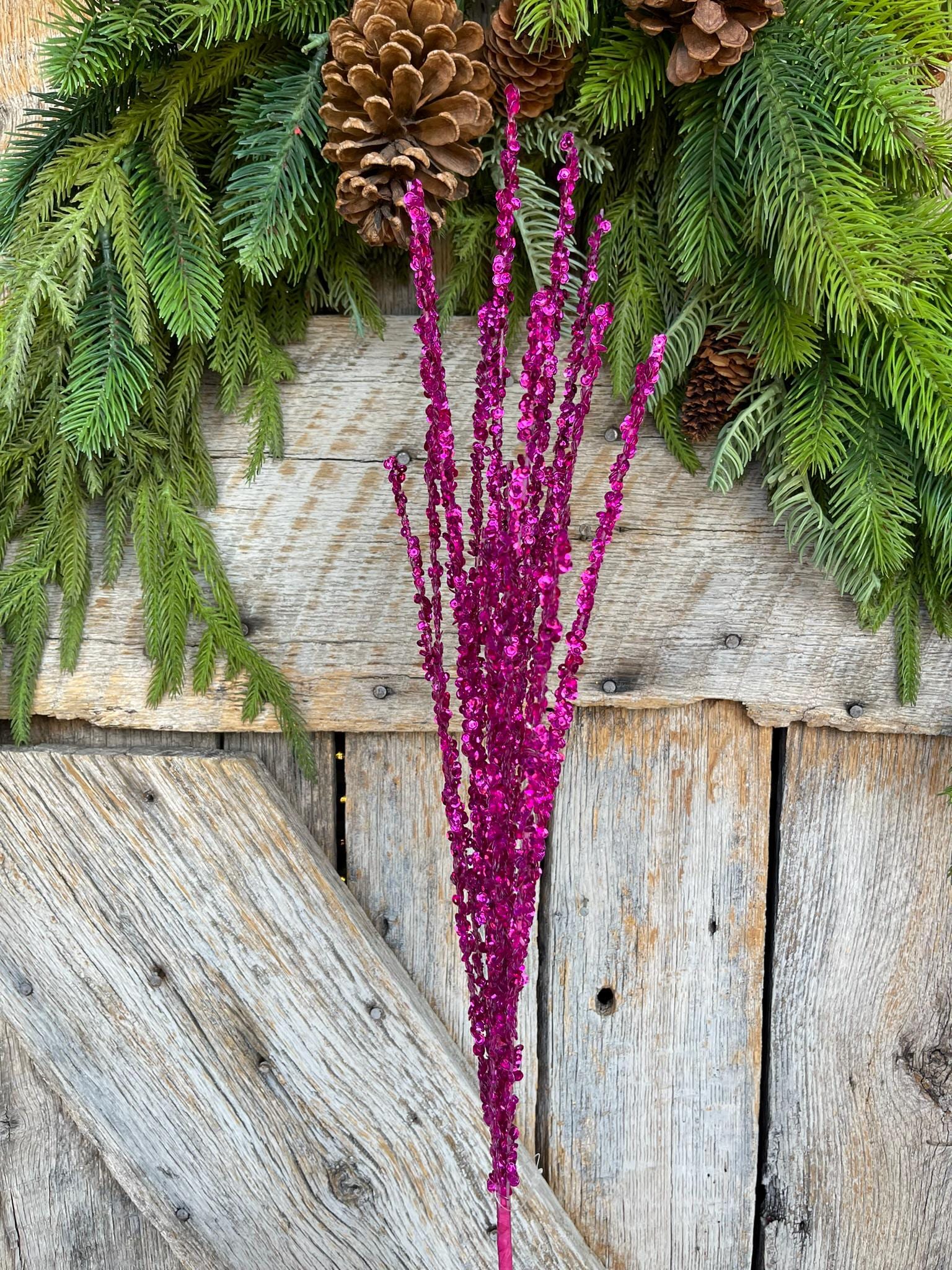 32" Hot Pink Sequin Twig Spray, Christmas Spray,Christmas Floral Stem,Christmas Tree Spray