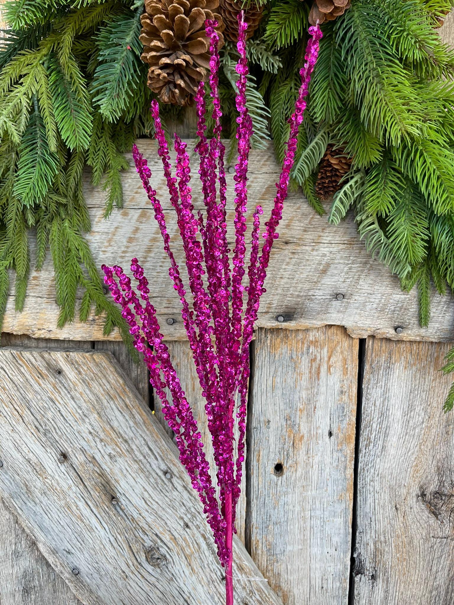 32" Hot Pink Sequin Twig Spray, Christmas Spray,Christmas Floral Stem,Christmas Tree Spray