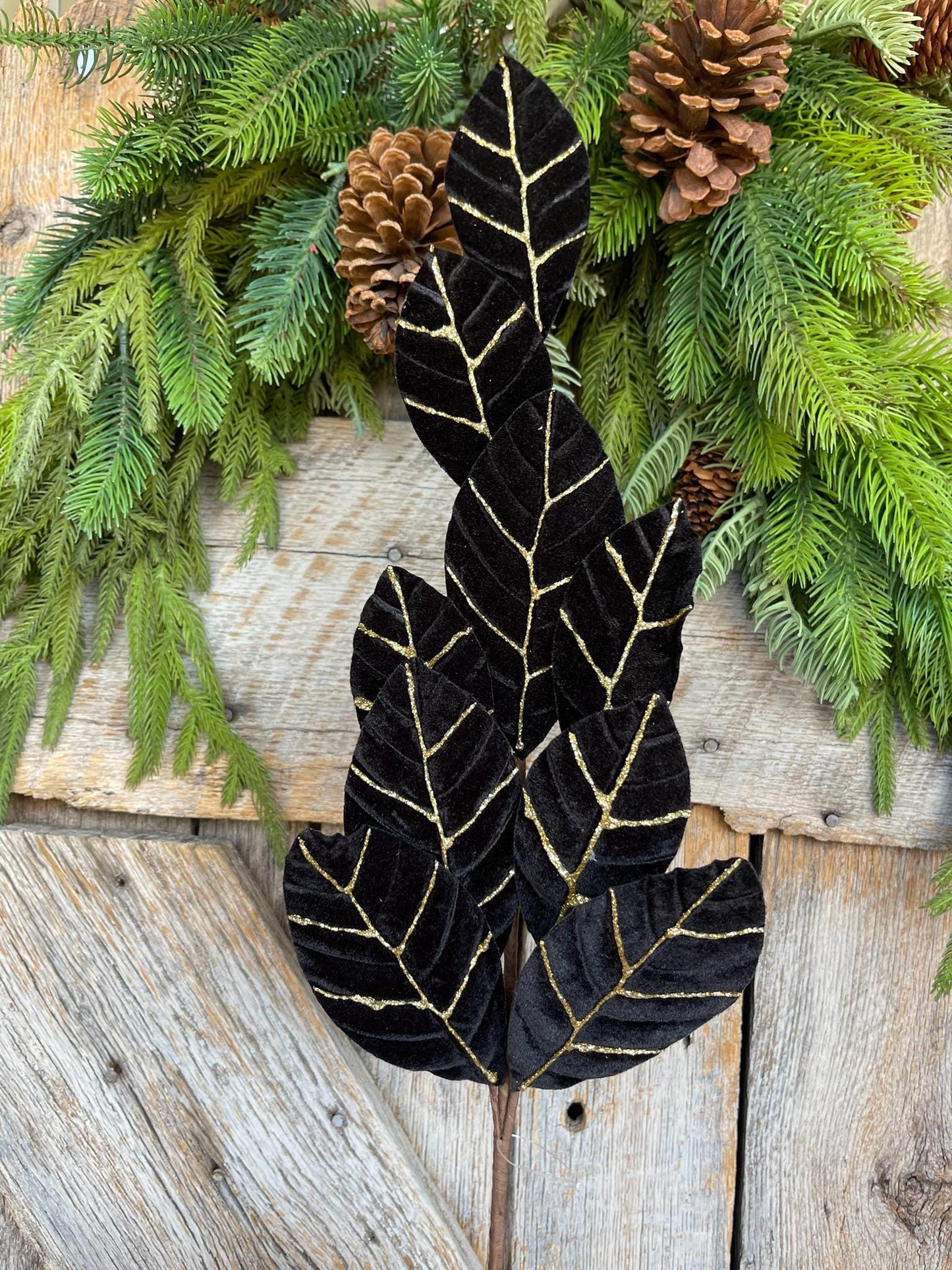 27" Black Velvet Leaf Spray, Black Gold Leaf Spray