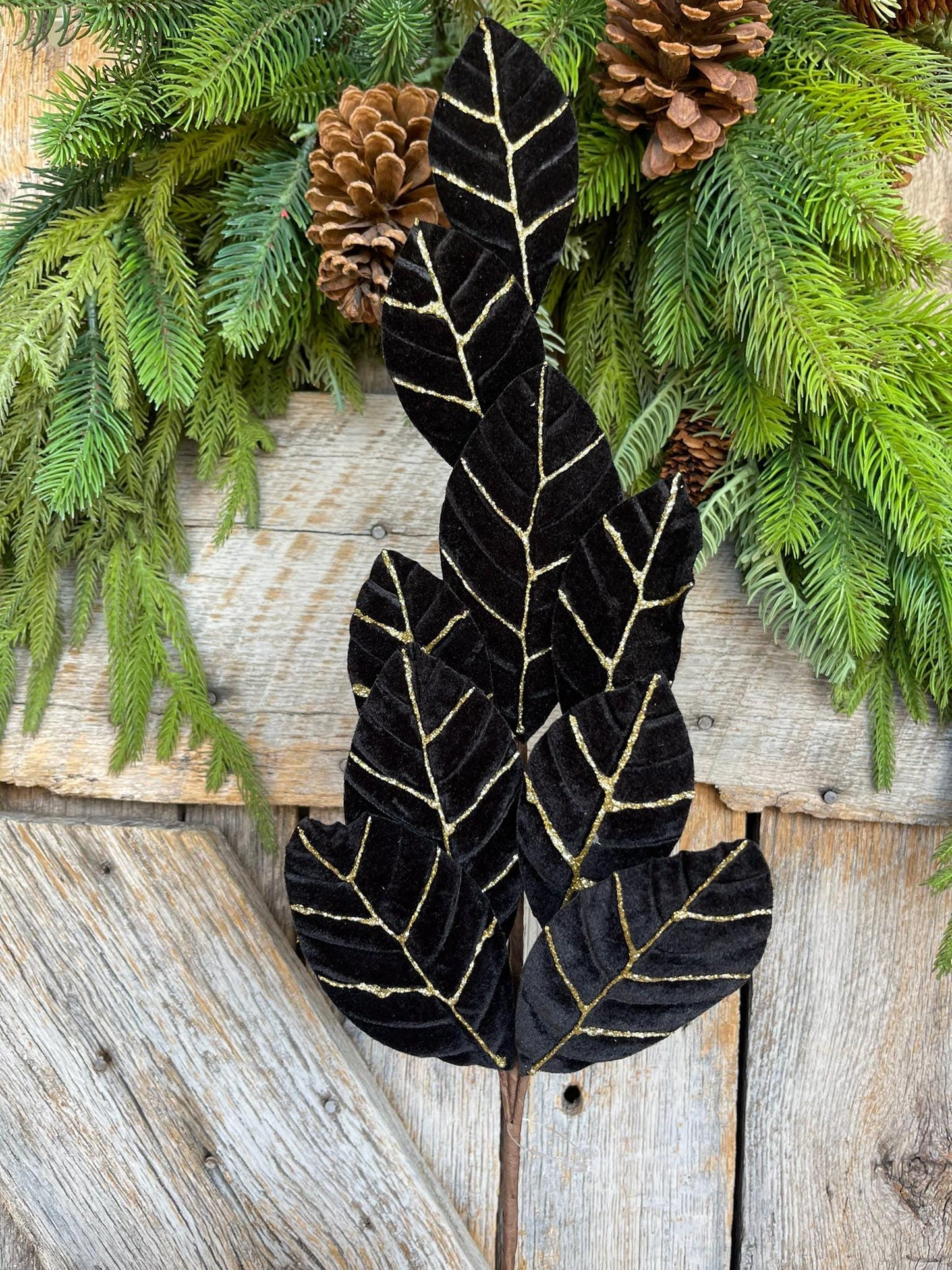 27" Black Velvet Leaf Spray, Black Gold Leaf Spray