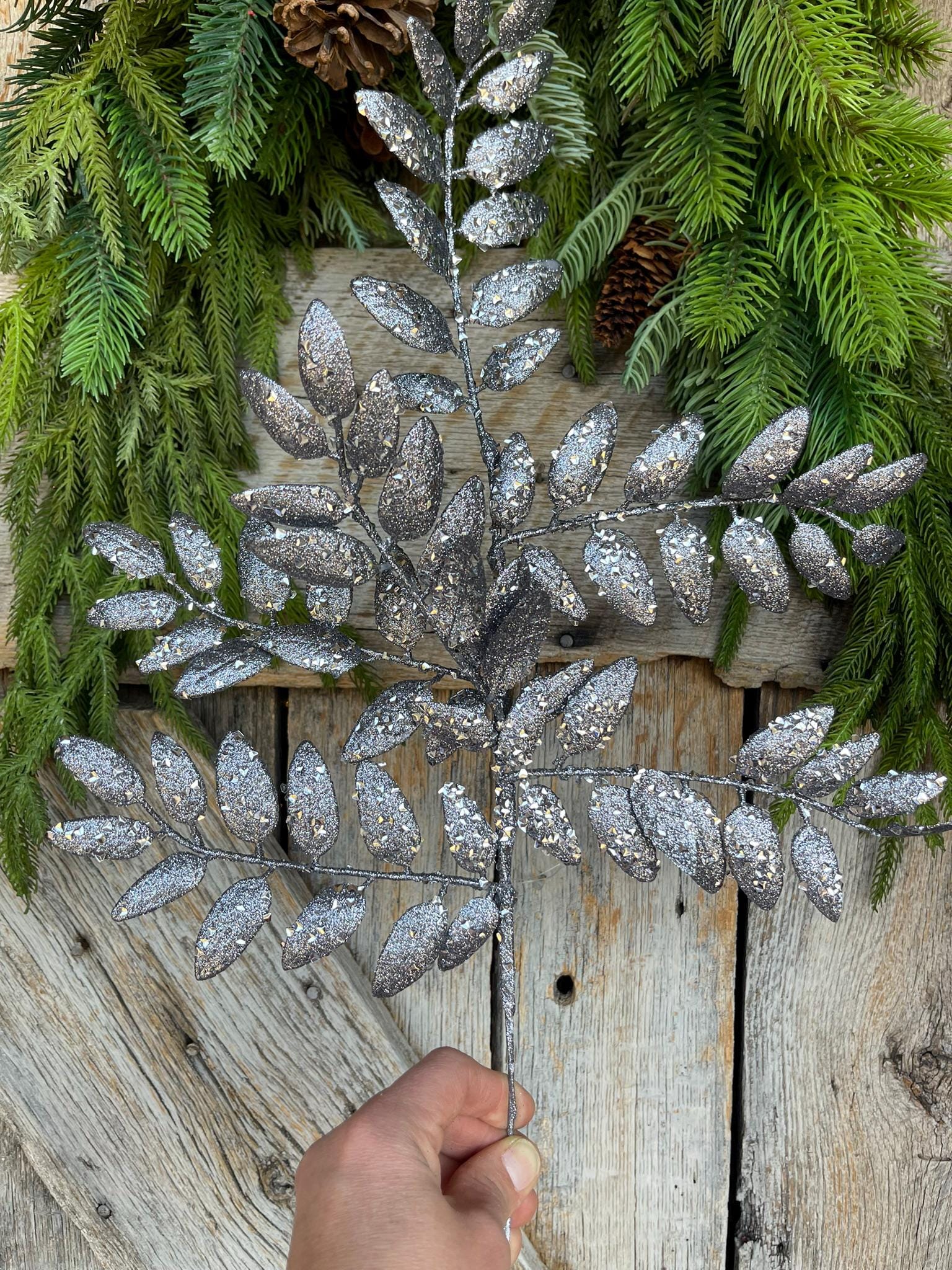 21" Pewter Honey Locust Spray, SIlver Leaf Spray