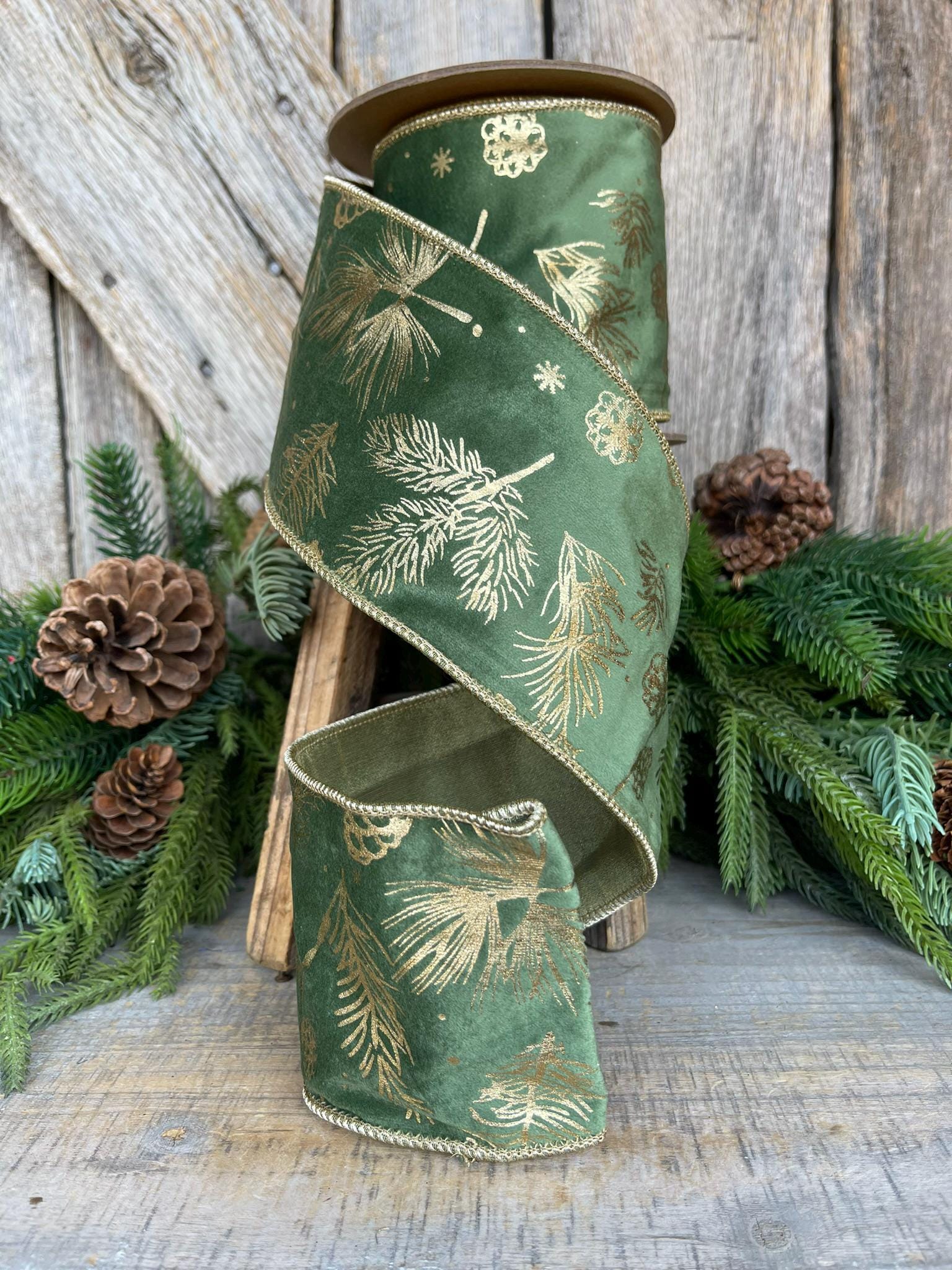 4" Green Gold Leaf Velvet Ribbon, Christmas Tree Ribbon