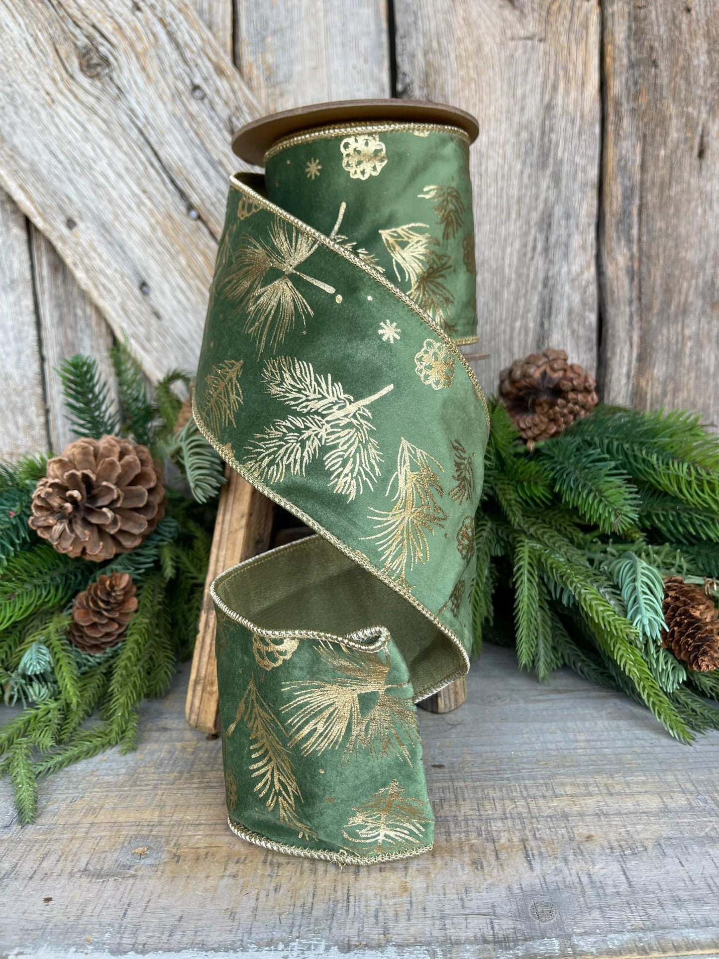 4" Green Gold Leaf Velvet Ribbon, Christmas Tree Ribbon