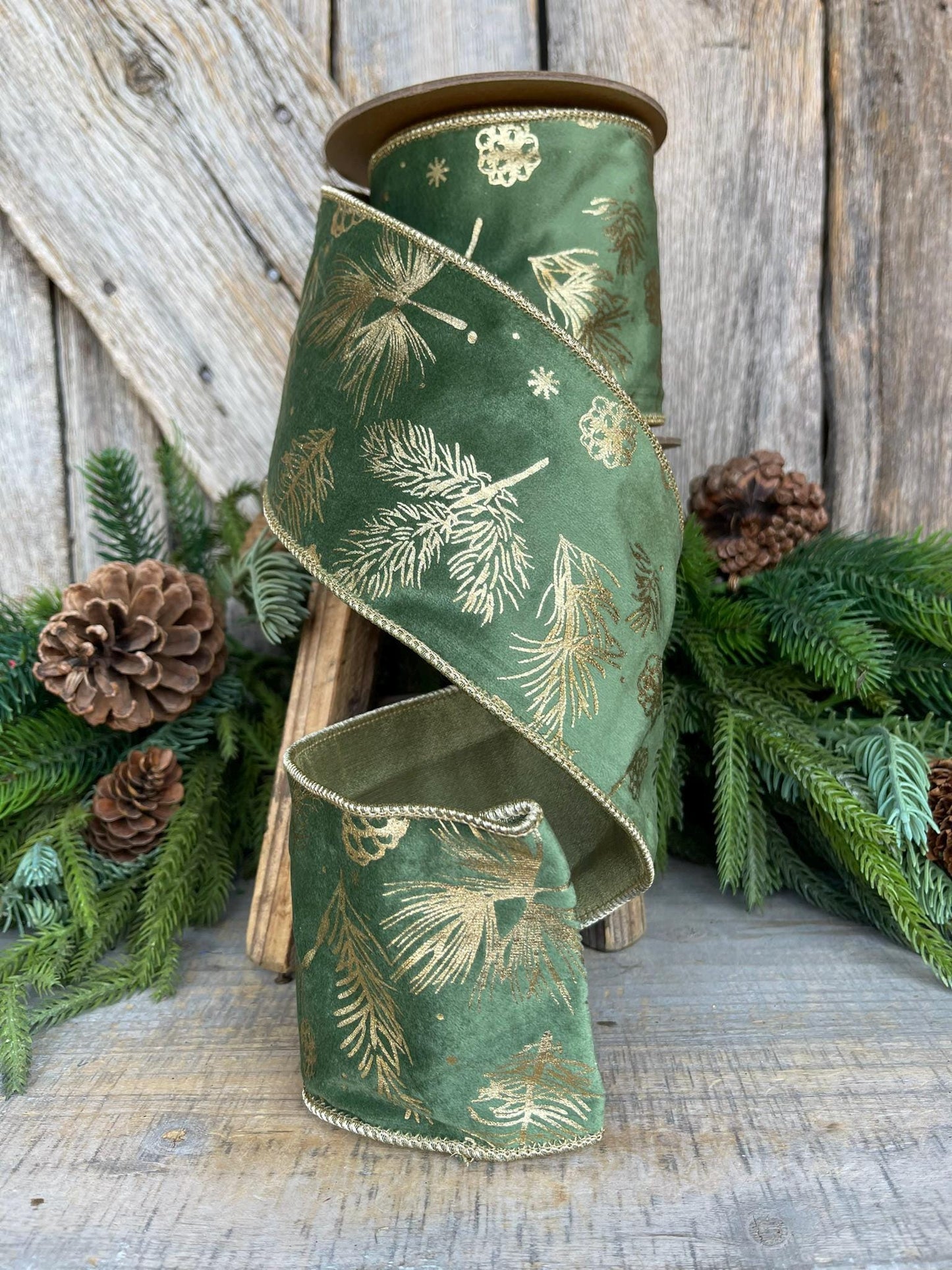 4" Green Gold Leaf Velvet Ribbon, Christmas Tree Ribbon