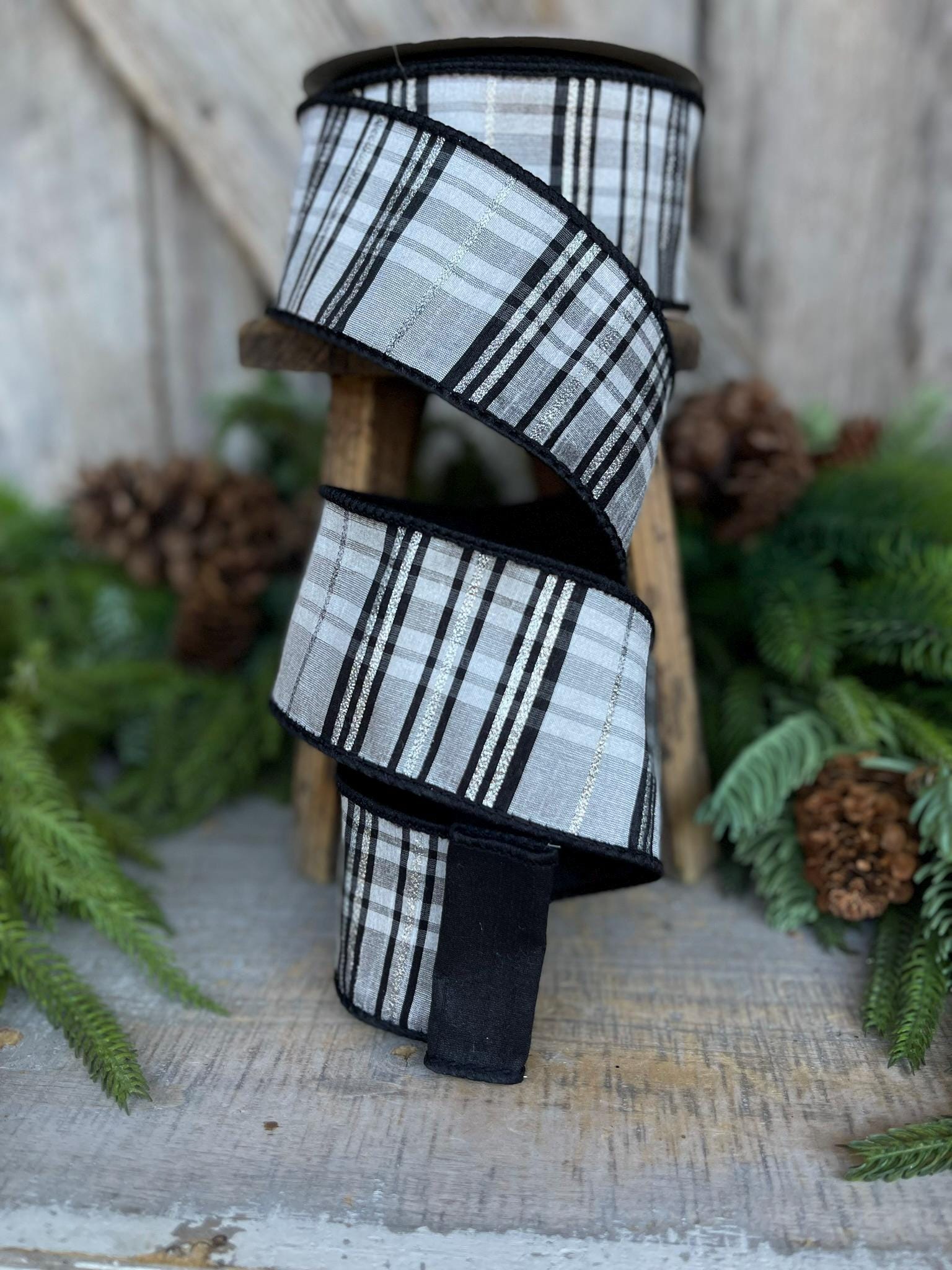 2.5" Black WhitePlaid Ribbon, Farrisilk Ribbon, Designer Ribbon, Black White Ribbon, Preppy Plaid, Christmas Ribbon, RK632-92