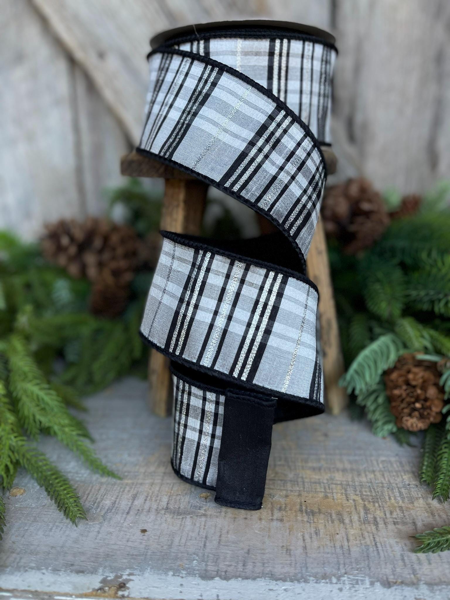 2.5" Black WhitePlaid Ribbon, Farrisilk Ribbon, Designer Ribbon, Black White Ribbon, Preppy Plaid, Christmas Ribbon, RK632-92