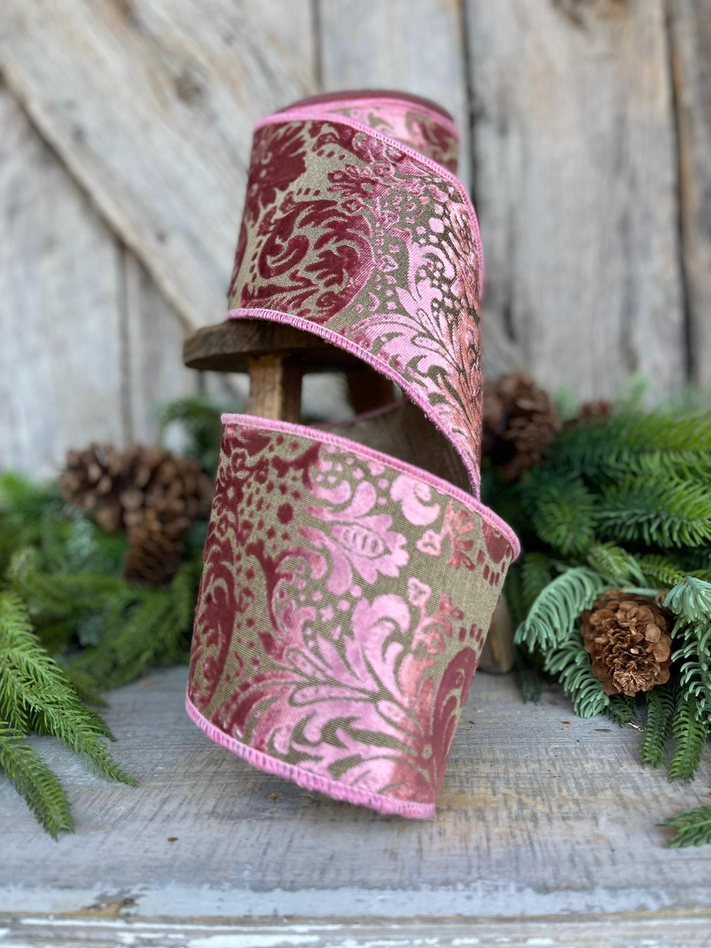 4" Rose Pink Velvet Filigree Christmas Ribbon, Mauve Velvet Ribbon