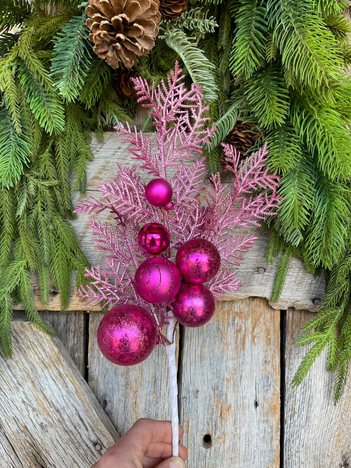 15" Hot Pink Christmas Spray, Hot Pink Greenery Spray