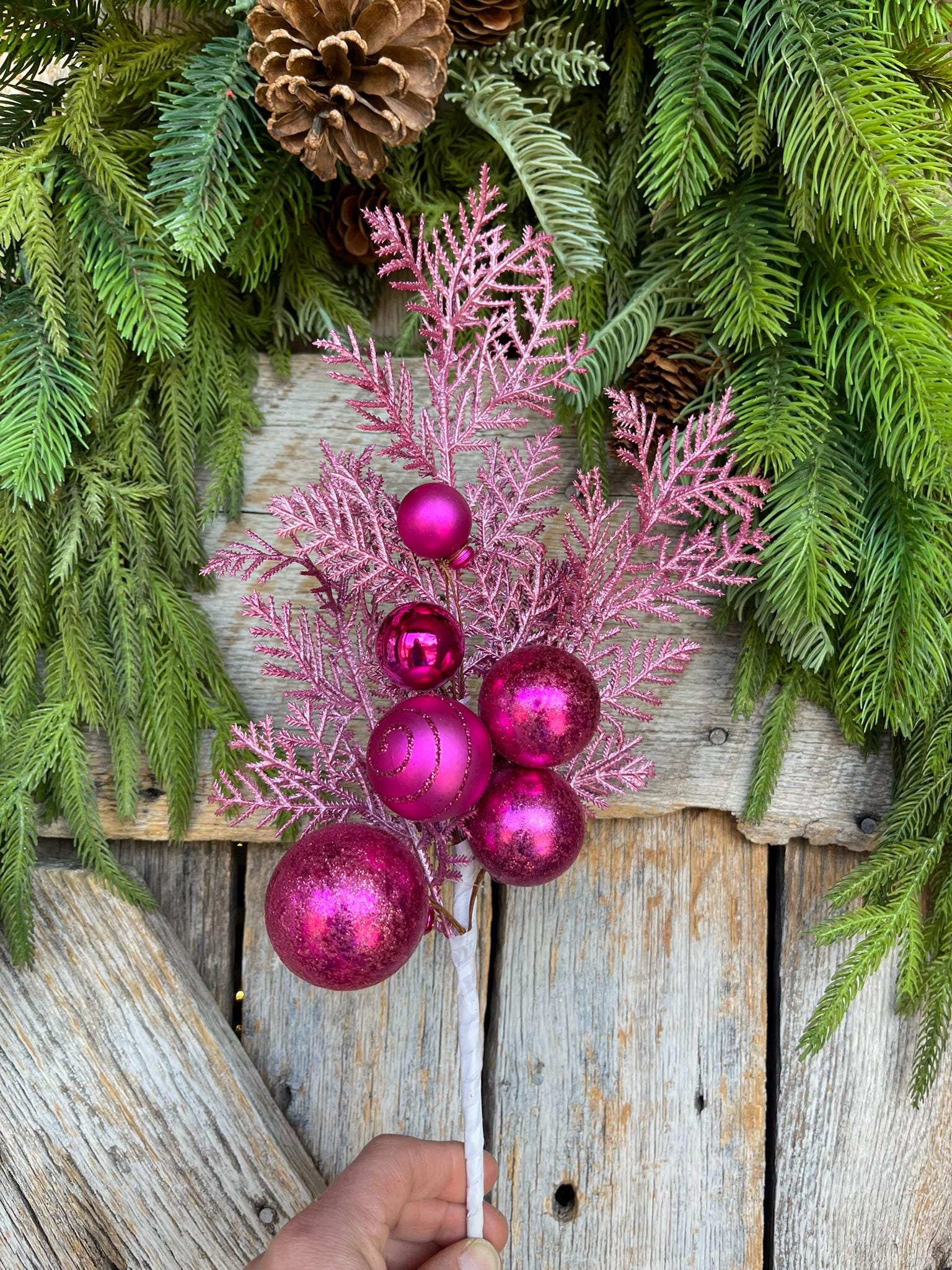 15" Hot Pink Christmas Spray, Hot Pink Greenery Spray