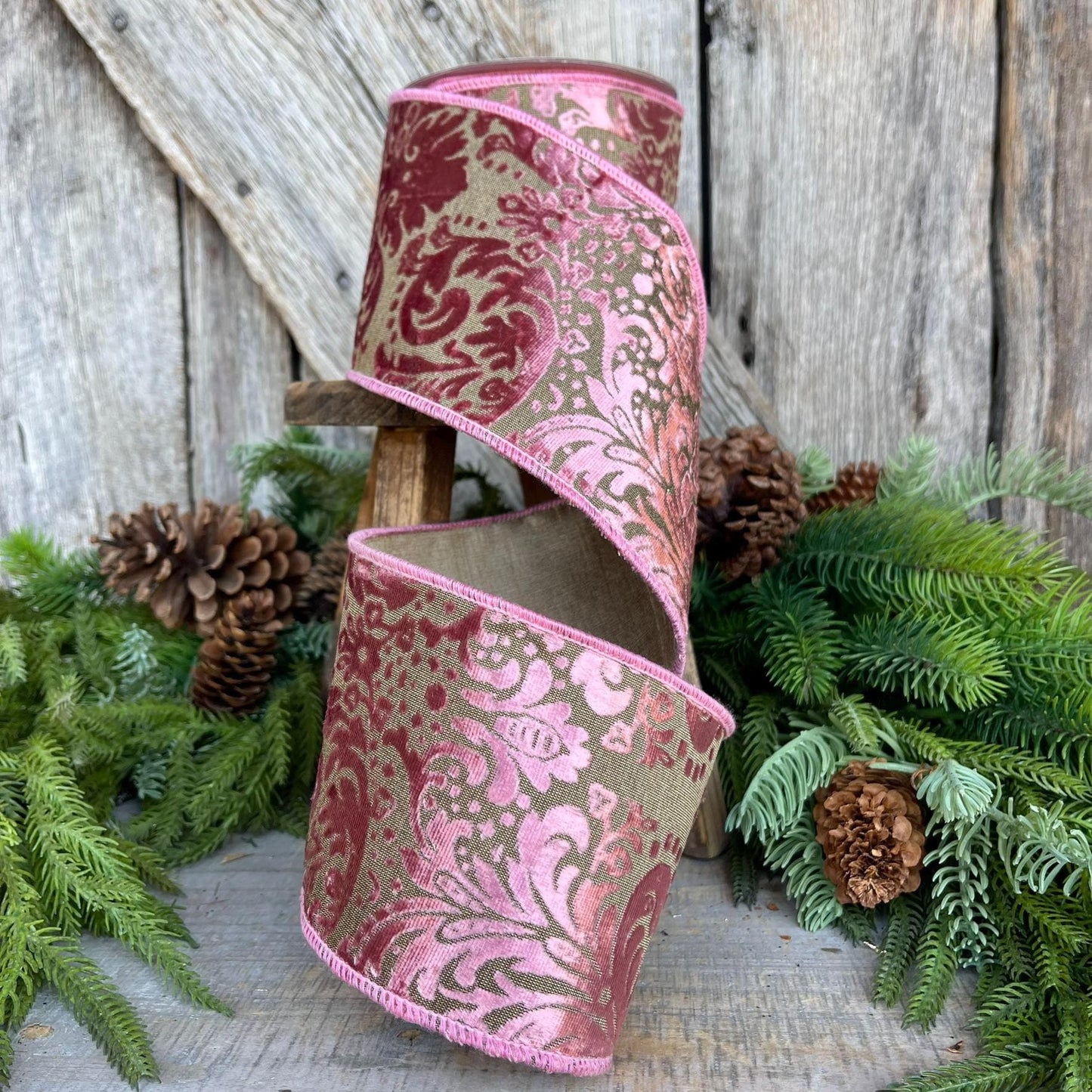 4" Rose Pink Velvet Filigree Christmas Ribbon, Mauve Velvet Ribbon